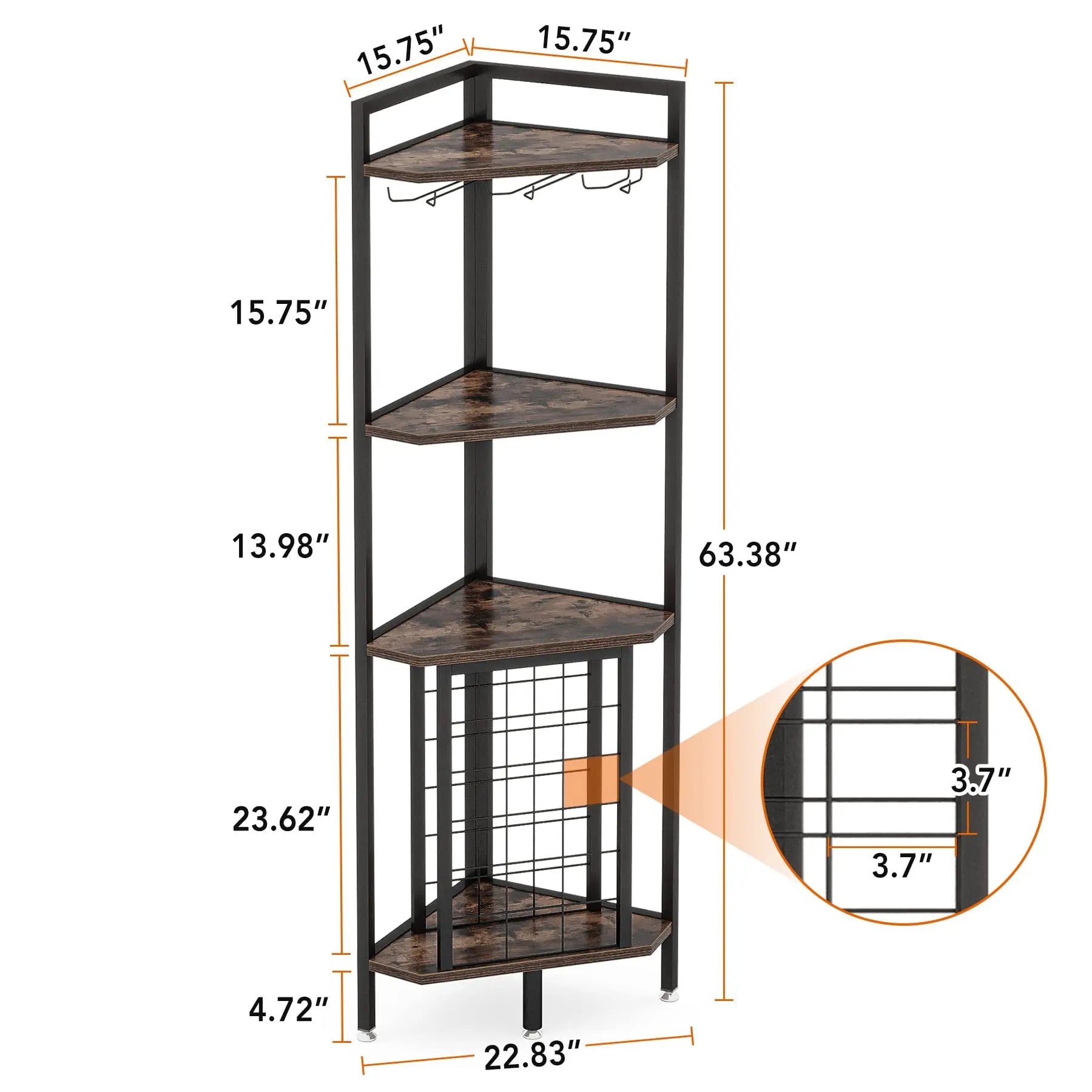 Rustic Corner Wine Rack Bar Cabinet with Glass Holder for Living Room — 63" Tall, 4-Tier