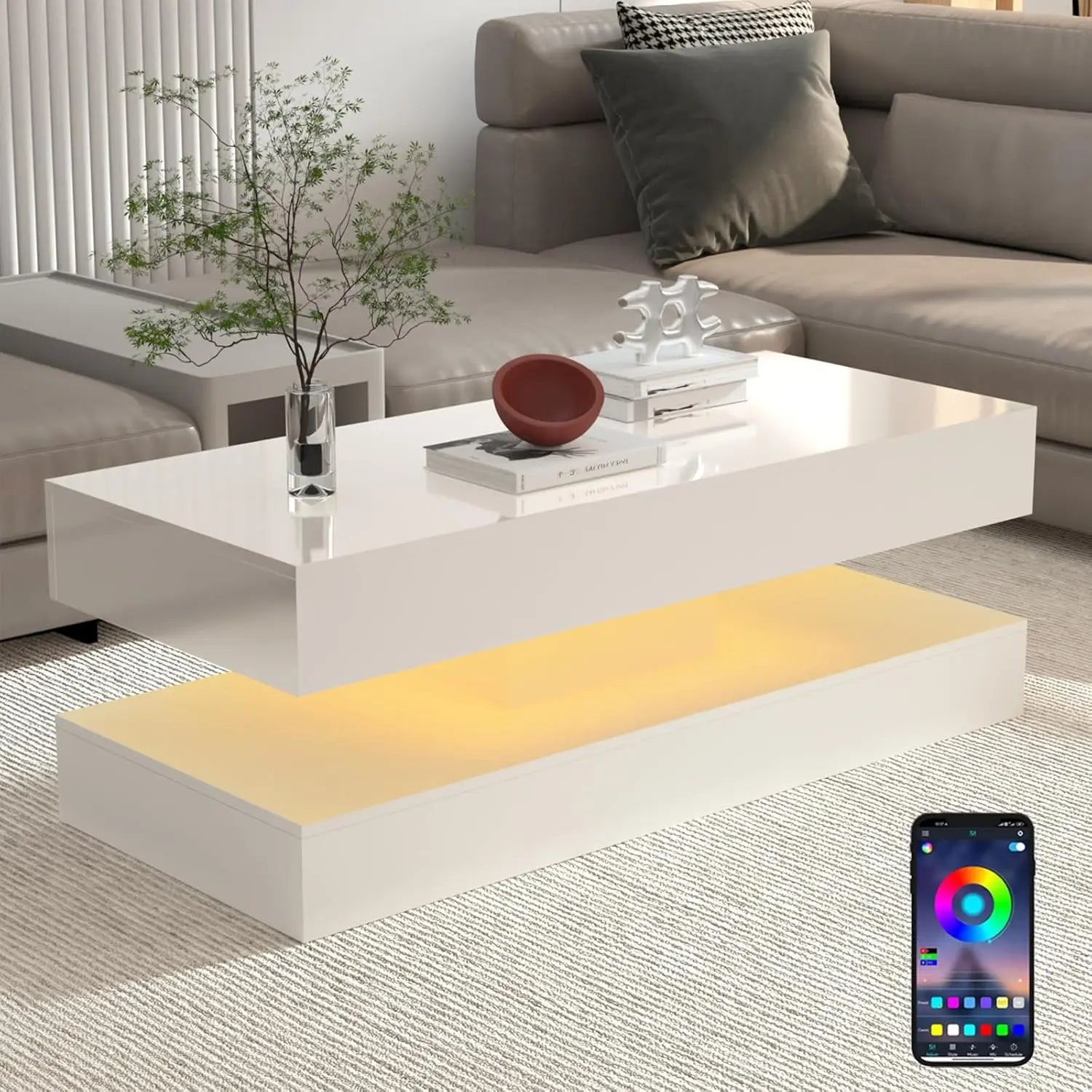 LED Coffee Table with Storage — Modern Faux Marble Coffee Table with Drawers for Living Room