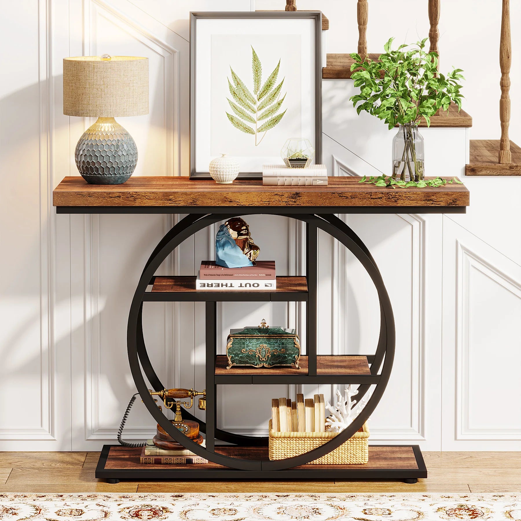 Rustic Wood 4-Tier Console Table with Round Metal Frame for Entryway — 41.3in