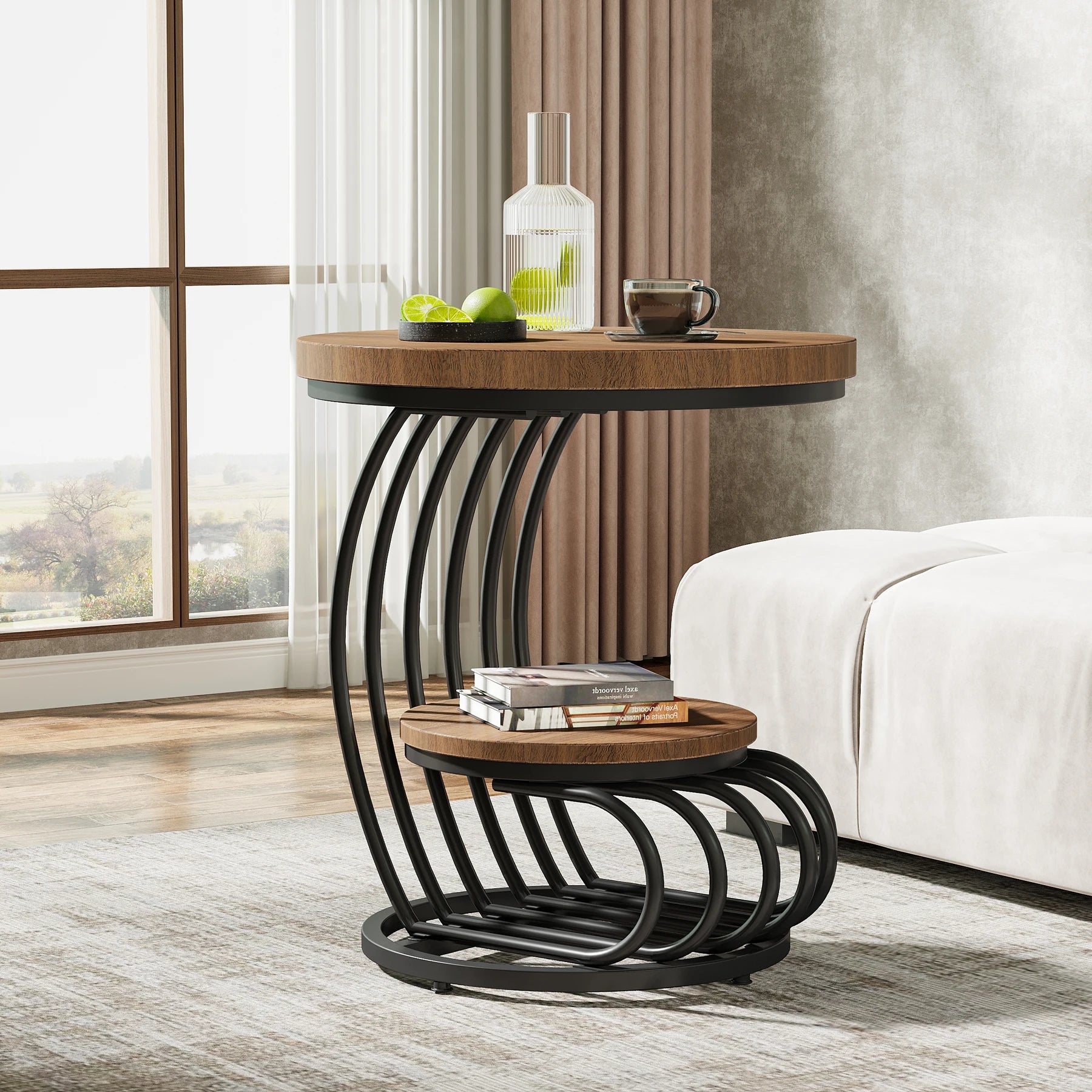 Gold Round Side Table with Faux-Marble Tiers for Living Room — 20-inch Sculptural Accent Table
