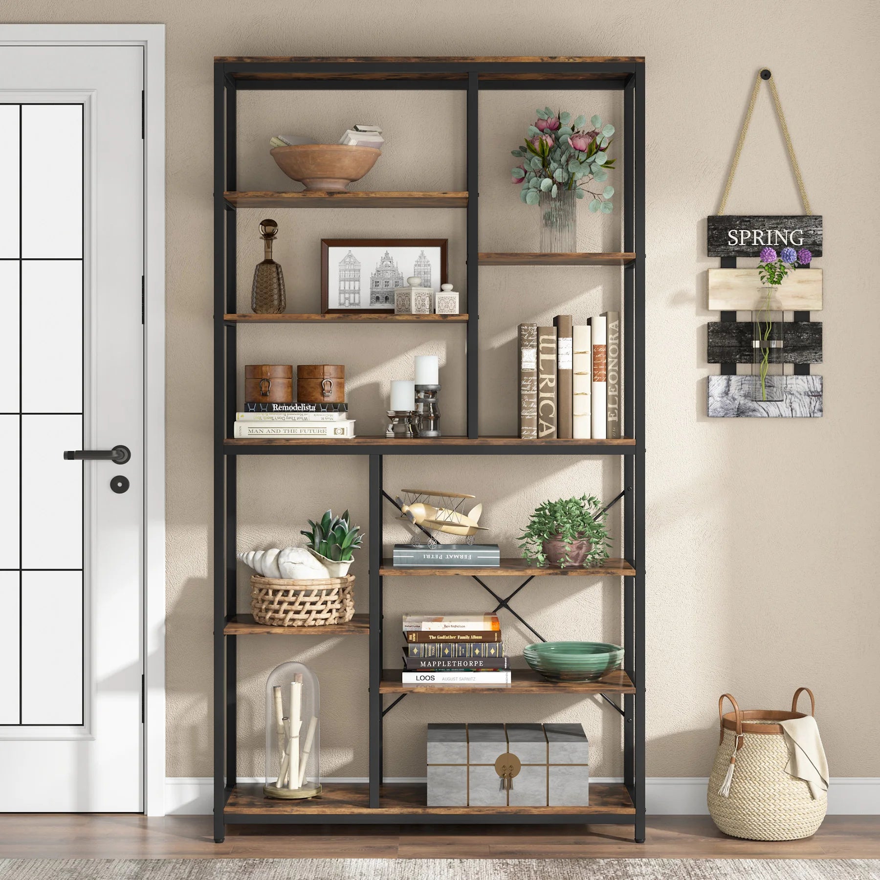 Industrial Bookcase with Open Shelves for Living Room — 79in 9-Tier Etagere