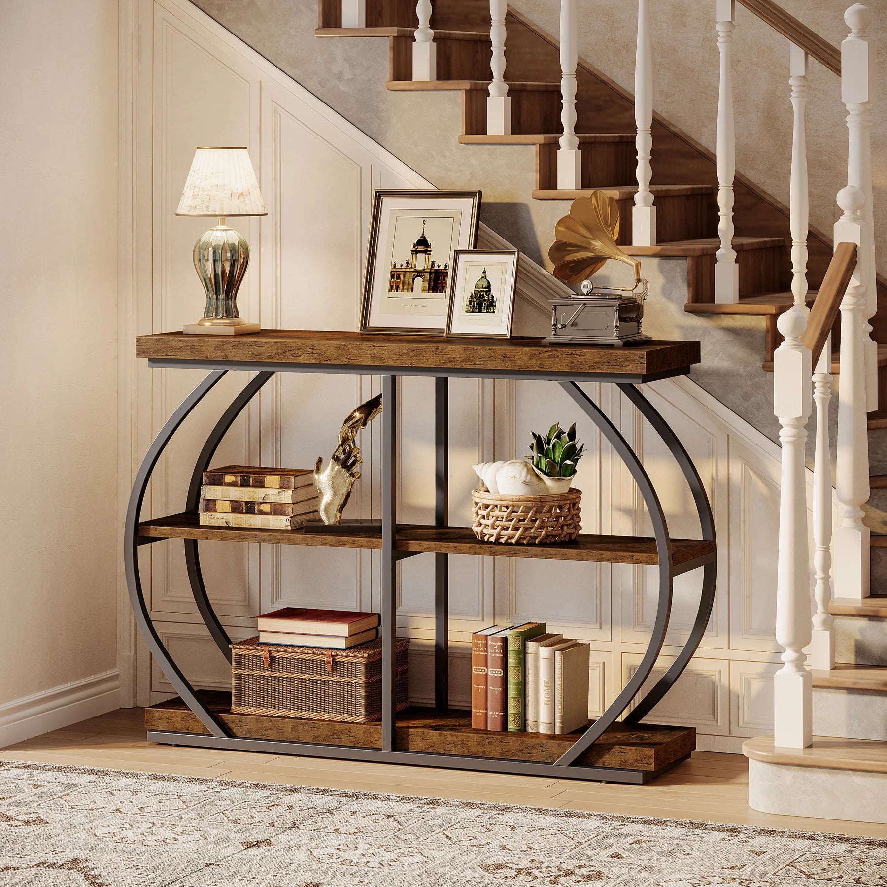 Rustic Industrial Console Table with Arched Metal Frame and 3 Storage Shelves for Entryway — 41 in