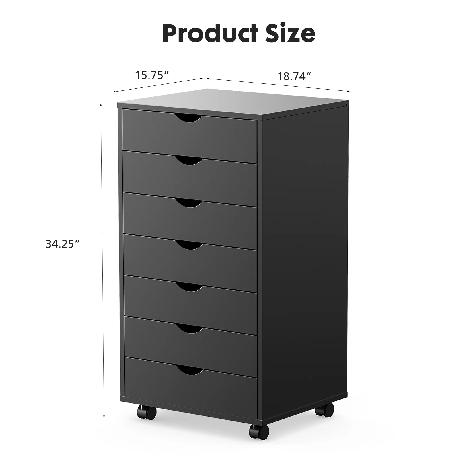 White 7-Drawer Rolling Dresser with Locking Casters for Bedroom or Office — 34" Tall