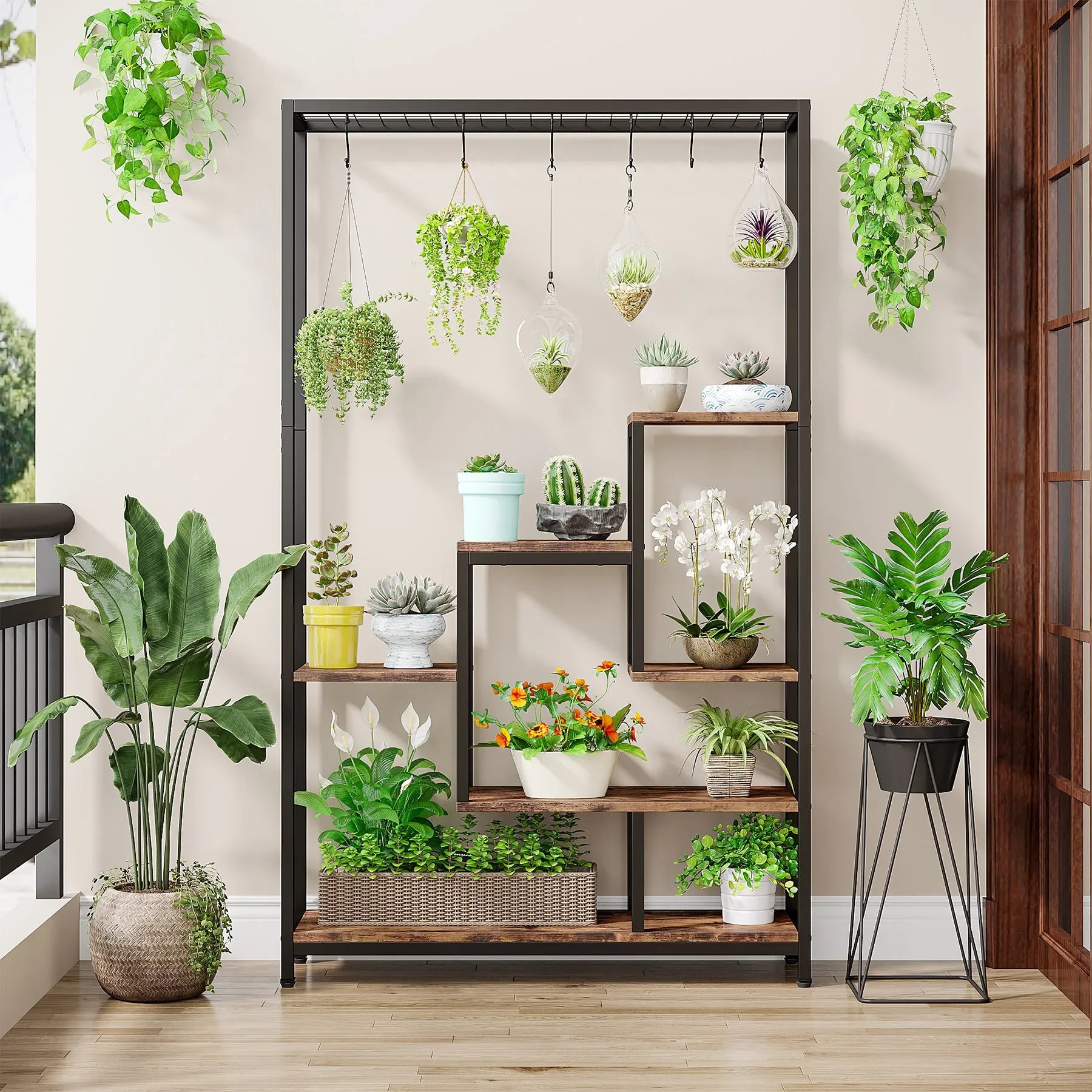 Industrial Metal Plant Stand with Hanging Hooks for Living Room — 5-Tier, 70.9in Tall