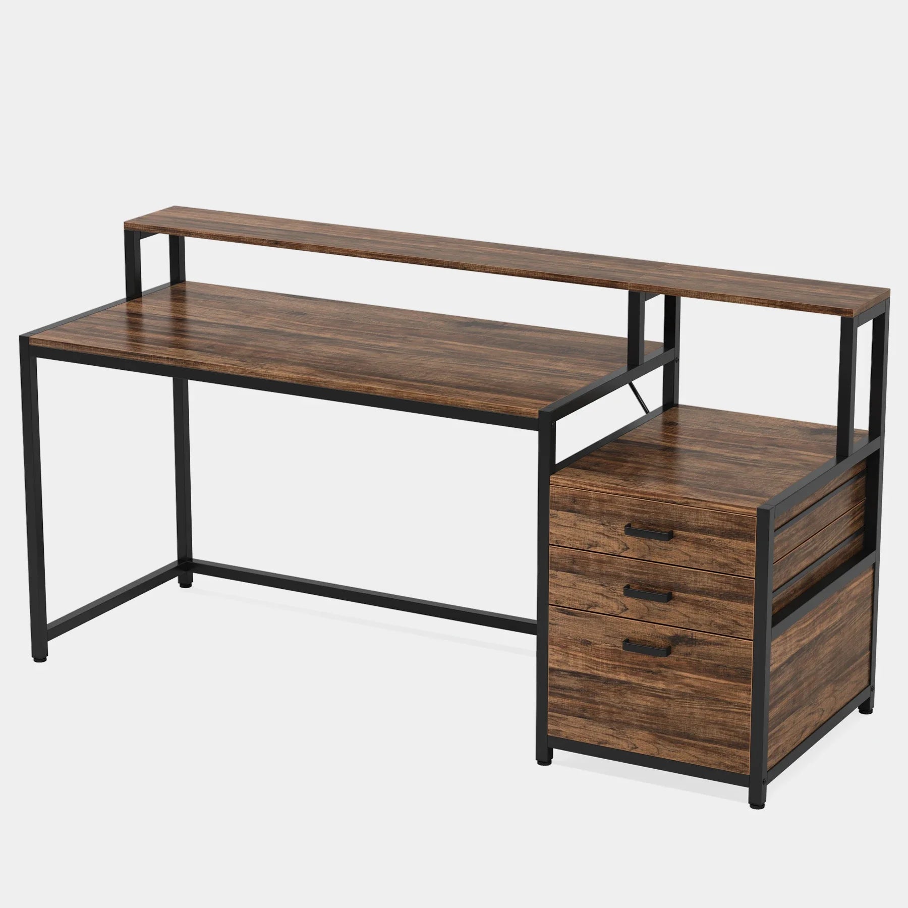 Industrial Computer Desk with File Drawer Cabinet and Monitor Stand for Home Office — 63"
