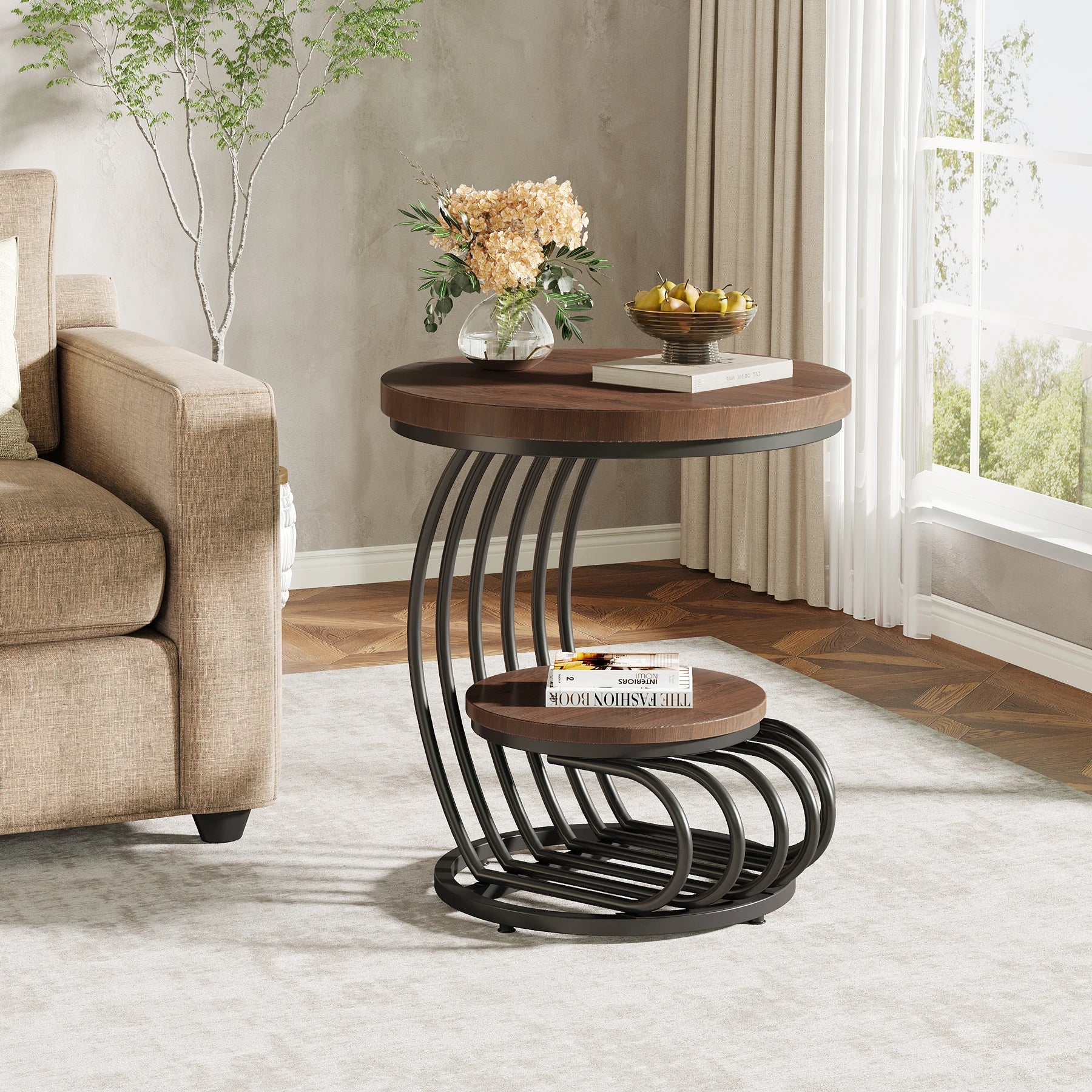 Gold Round Side Table with Faux-Marble Tiers for Living Room — 20-inch Sculptural Accent Table