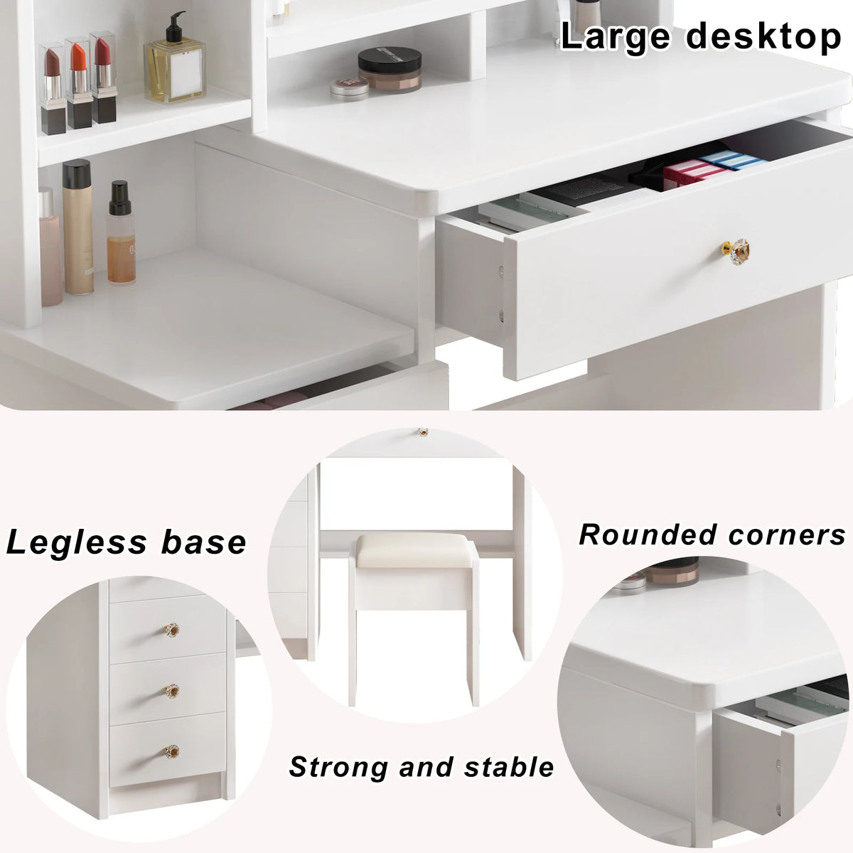 Makeup Vanity Desk with Mirror, Lights, Drawers, Stool and Shelves