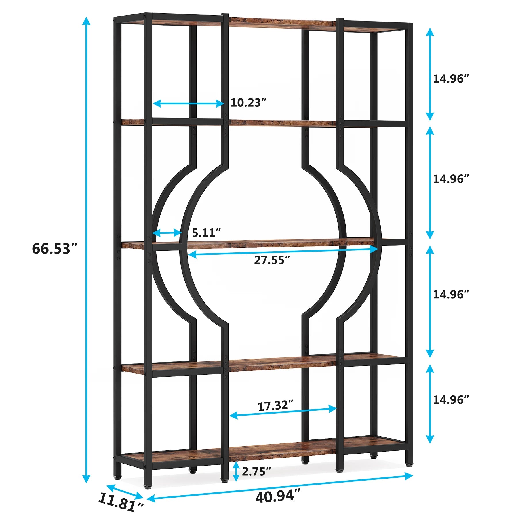 Industrial Etagere Bookcase with Curved Arc for Living Room — 71" Tall Freestanding