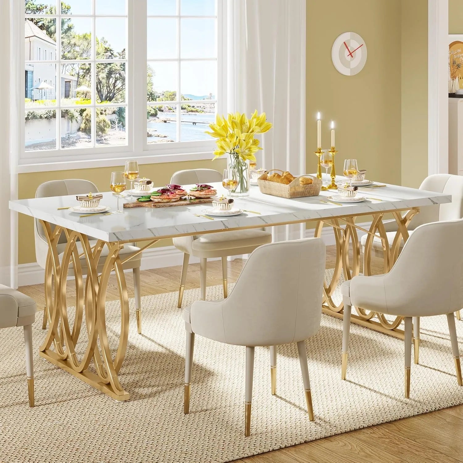 Faux Marble Dining Table with Gold Base for 4-6 People — 63"