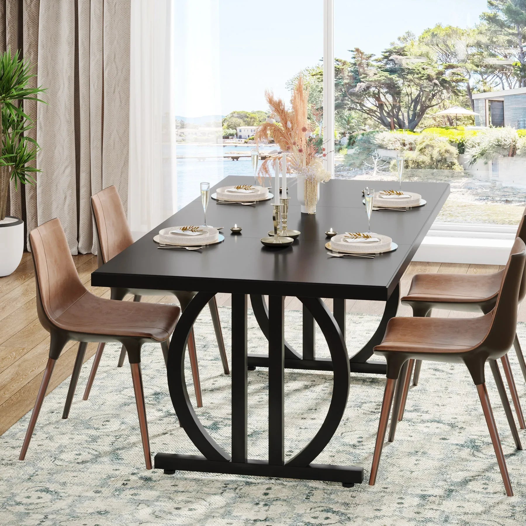 Modern Black 63" Dining Table with Curved Metal Pedestal Base for Kitchen — Seats 6