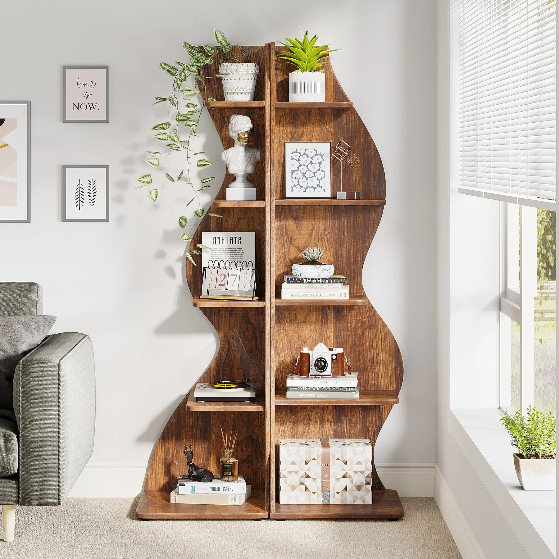White Wave 5-Tier Corner Bookshelf with Curved Silhouette for Living Room — 65"H Floor Shelf