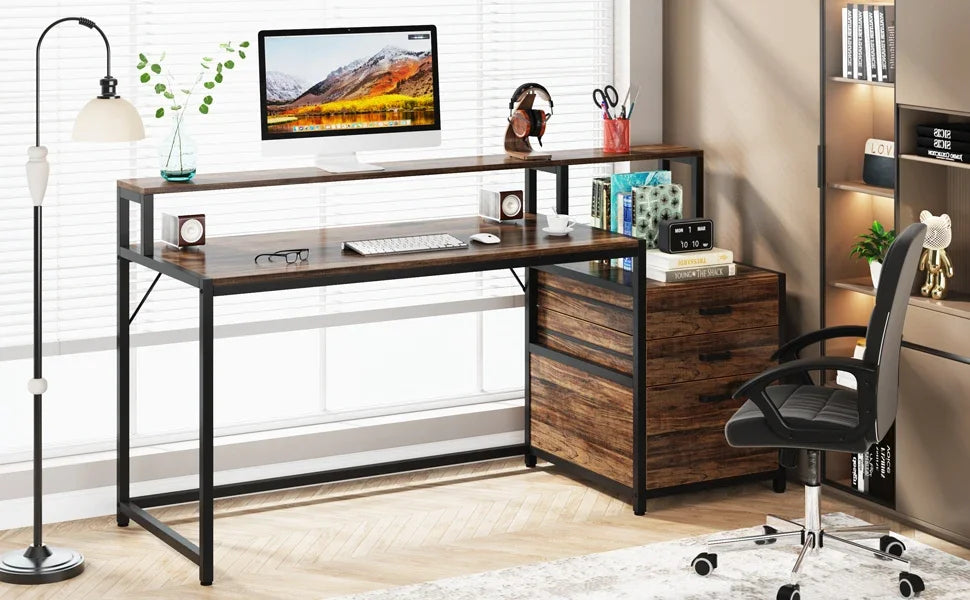 Industrial Computer Desk with File Drawer Cabinet and Monitor Stand for Home Office — 63"