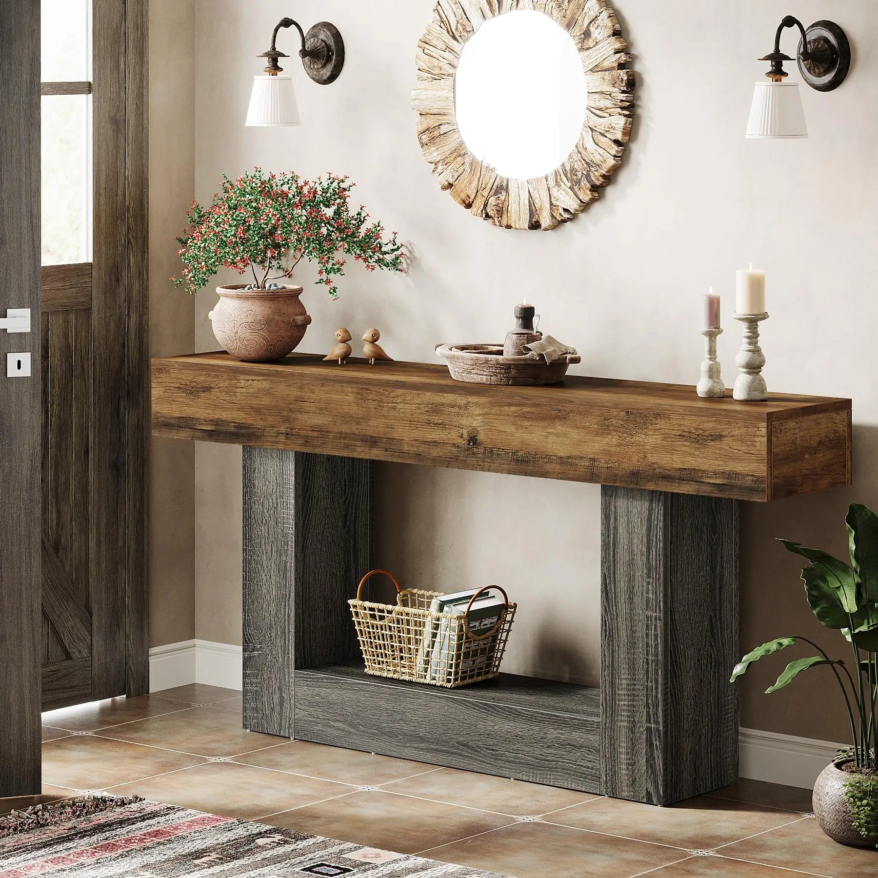 Two-Tone Farmhouse Console Table with Lower Shelf for Entryway — 63"