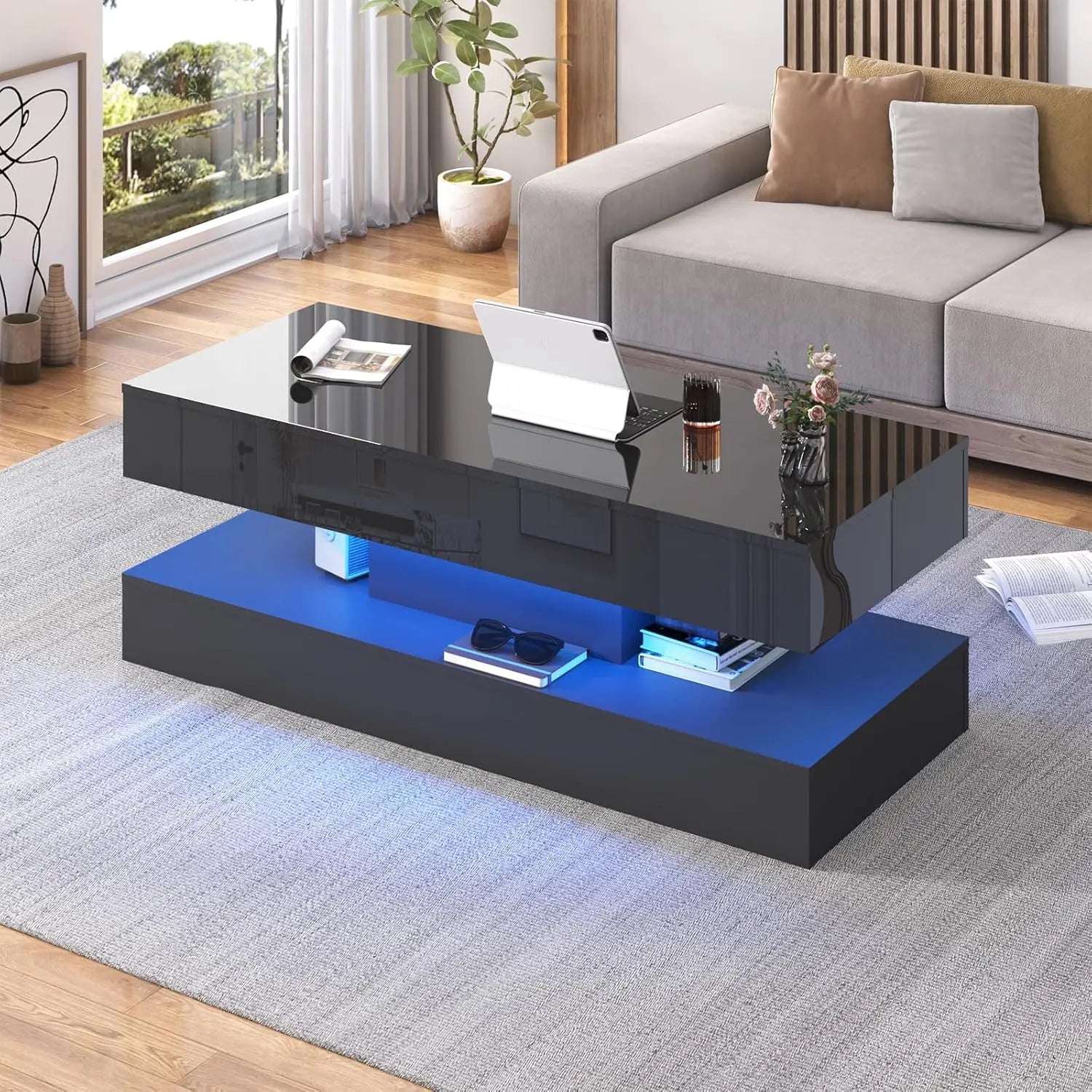 LED Coffee Table with Storage — Modern Faux Marble Coffee Table with Drawers for Living Room