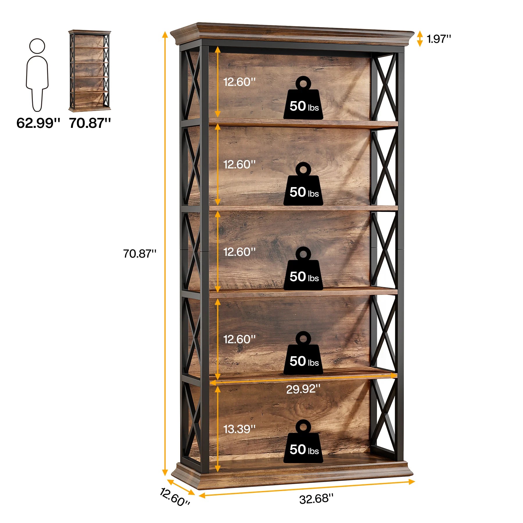 Industrial 6-Tier Bookcase with X-Frame for Living Room — 71in Tall Open Bookshelf