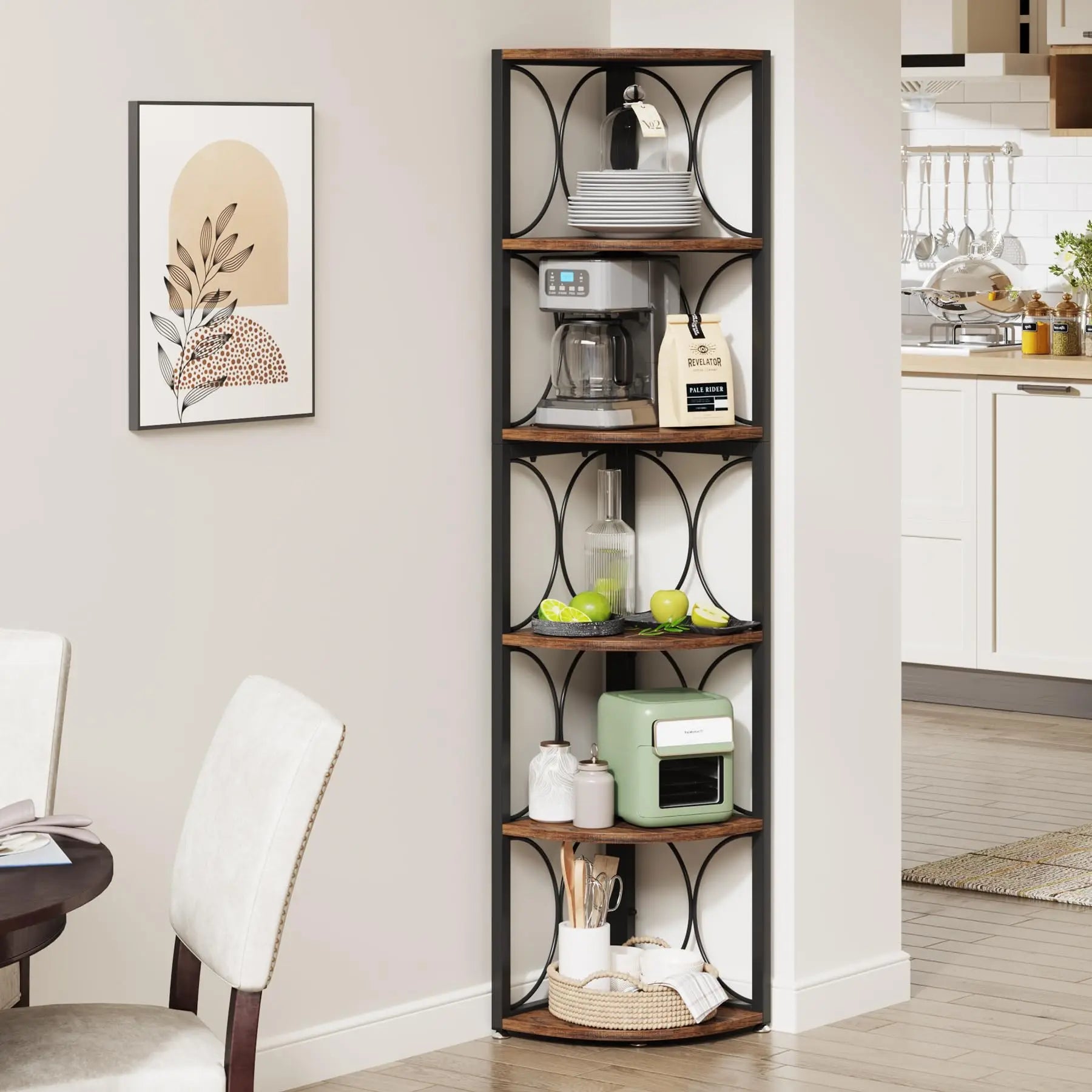 Rustic Corner Shelf with 6 Open Tiers for Living Room — 67in Tall