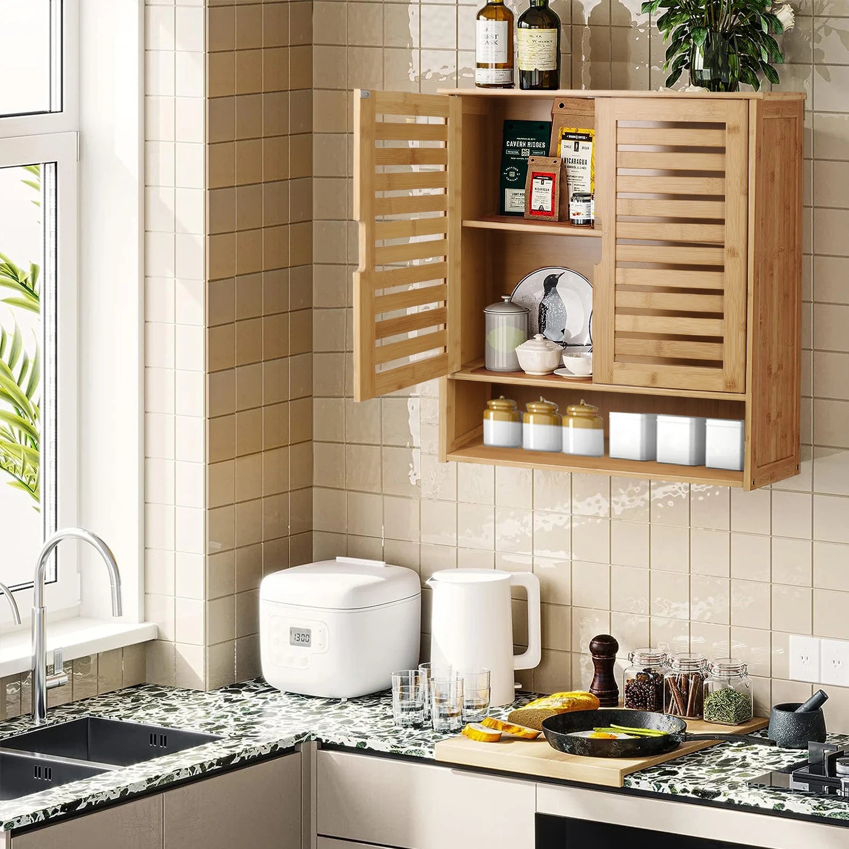 Bamboo Medicine Cabinet with Louvered Doors for Bathroom — 23.6"W Wall-Mounted Storage