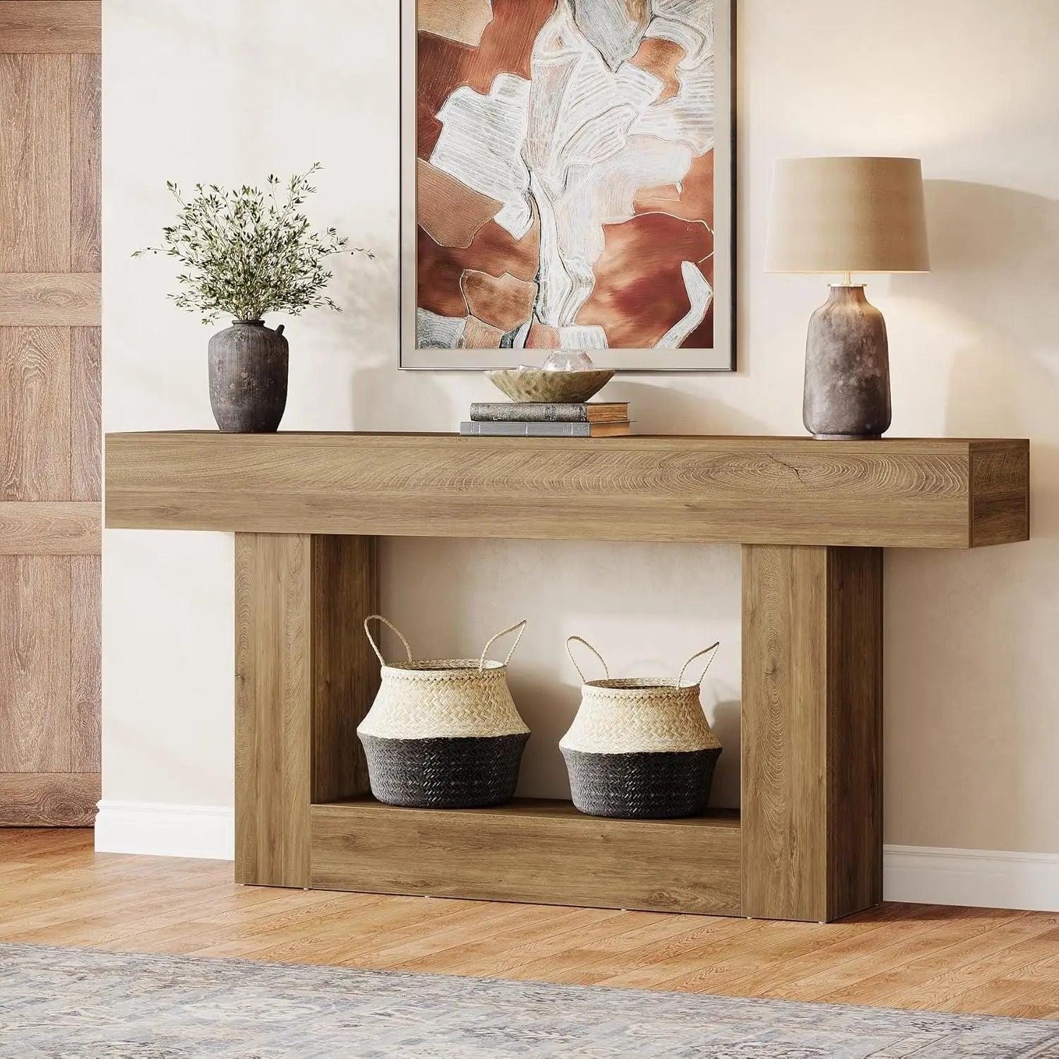 Two-Tone Farmhouse Console Table with Lower Shelf for Entryway — 63"