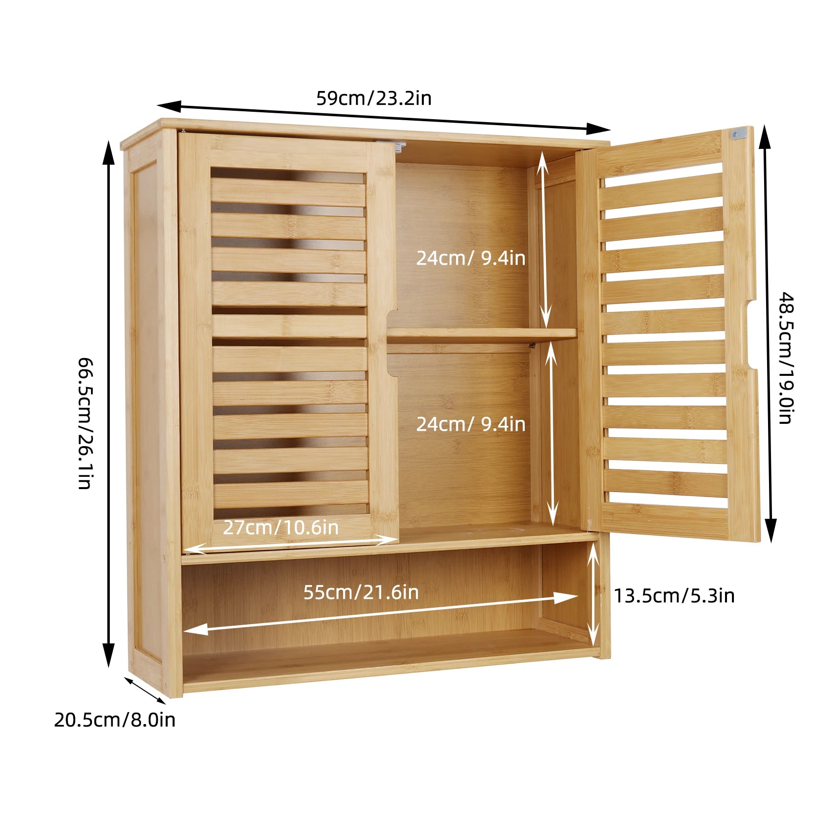 Bamboo Medicine Cabinet with Louvered Doors for Bathroom — 23.6"W Wall-Mounted Storage