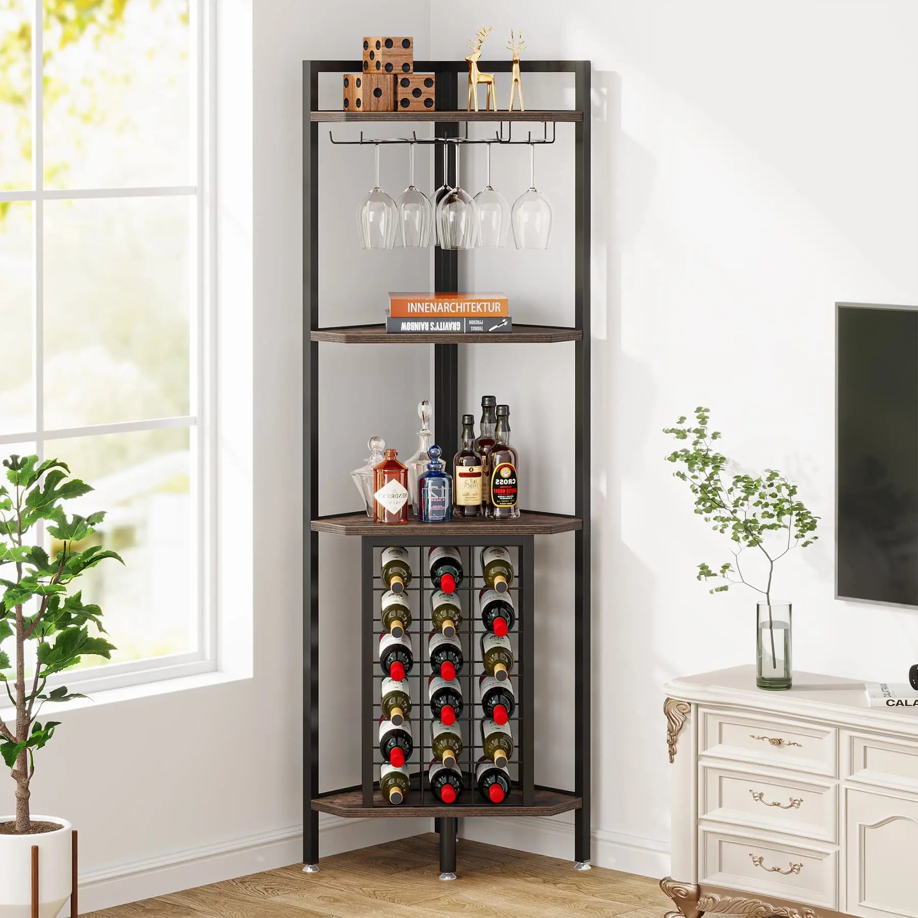 Rustic Corner Wine Rack Bar Cabinet with Glass Holder for Living Room — 63" Tall, 4-Tier