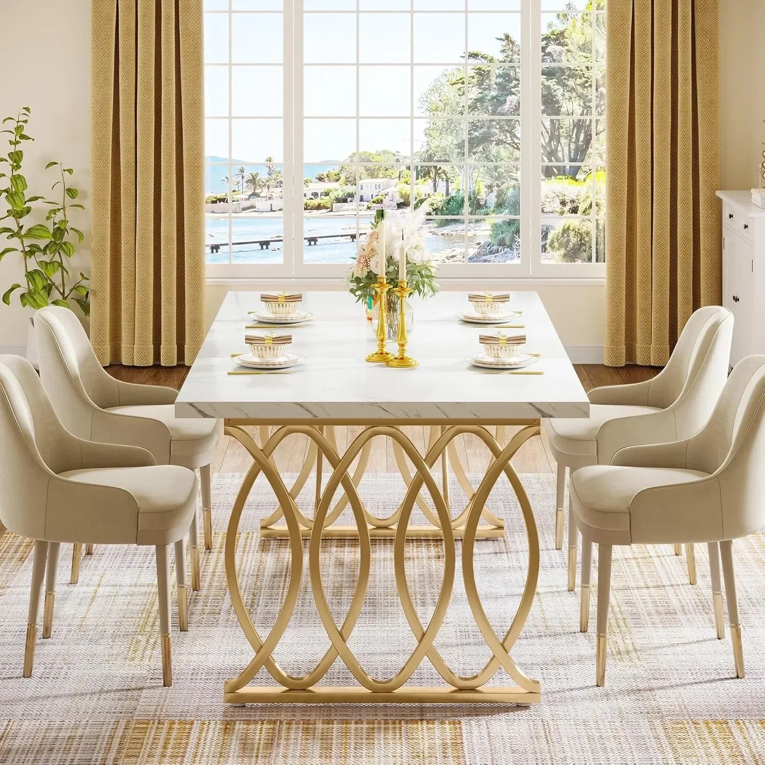 Faux Marble Dining Table with Gold Base for 4-6 People — 63"