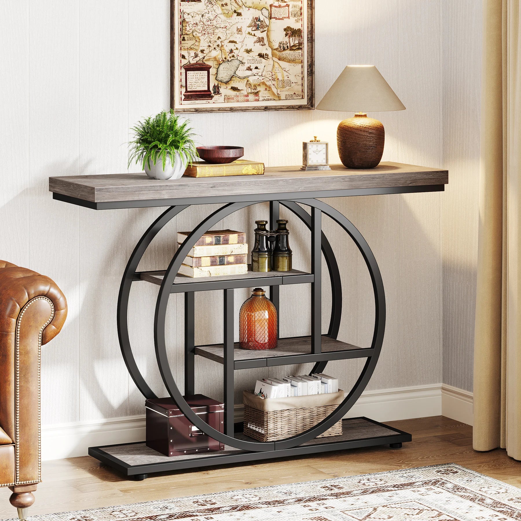 Rustic Wood 4-Tier Console Table with Round Metal Frame for Entryway — 41.3in