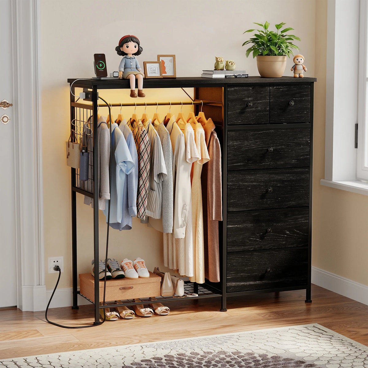 6-Drawer Fabric Dresser with Hanging Rack & LED Light