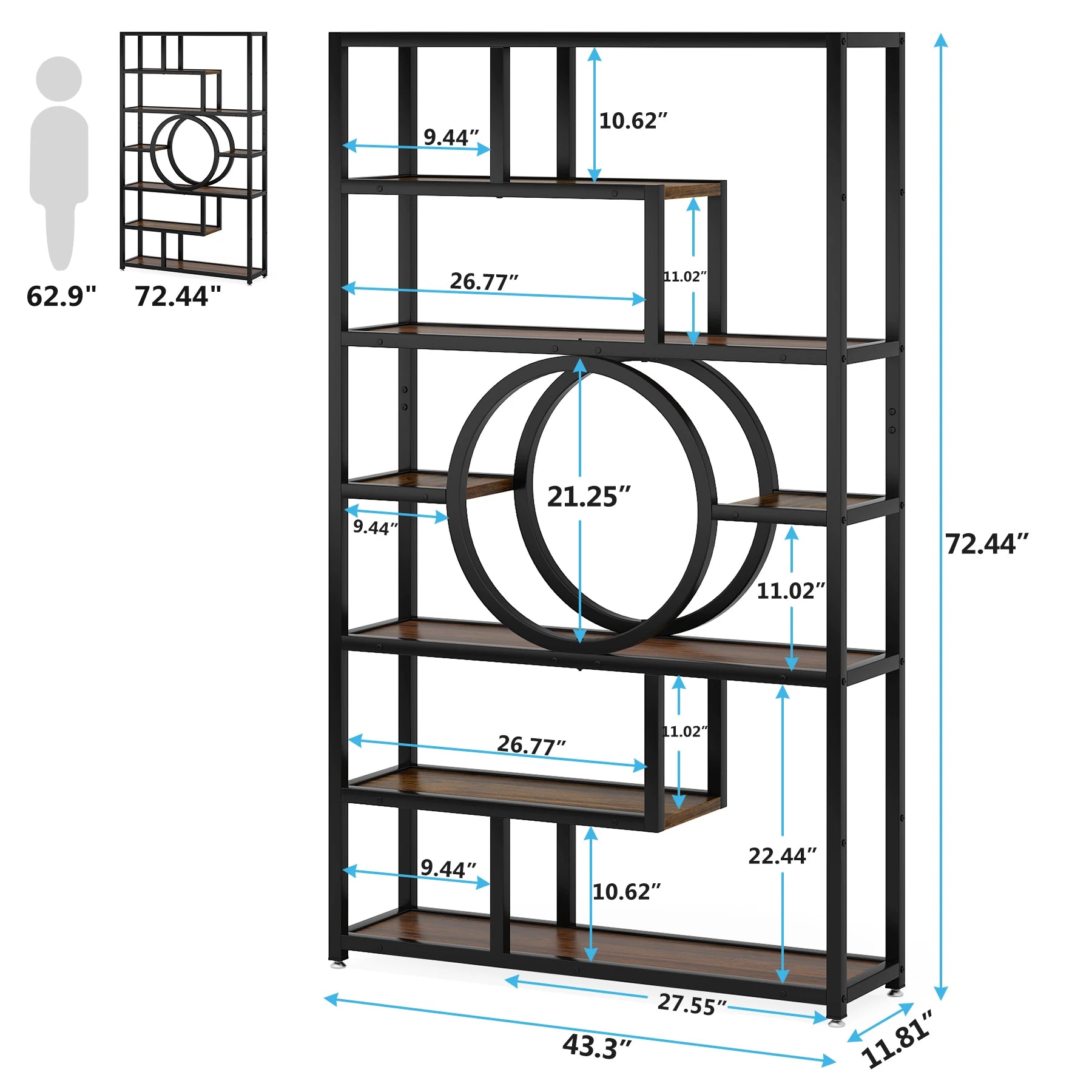 Industrial Etagere Bookcase with Curved Arc for Living Room — 71" Tall Freestanding