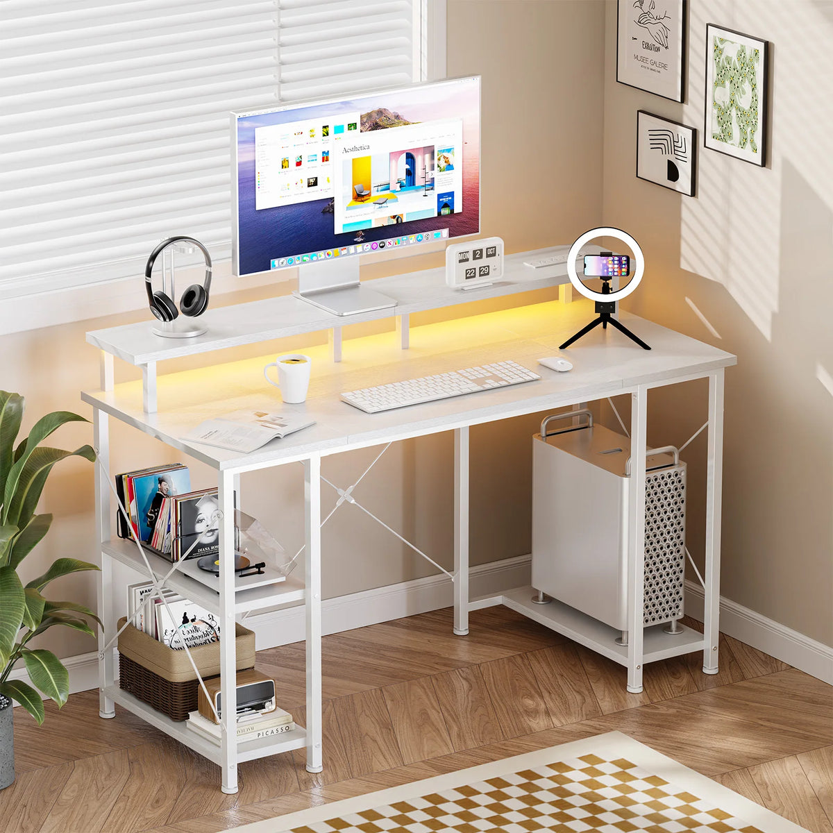 48 Inch Computer Desk with Shelves Storage Drawers Office Wood Table with LED Lights