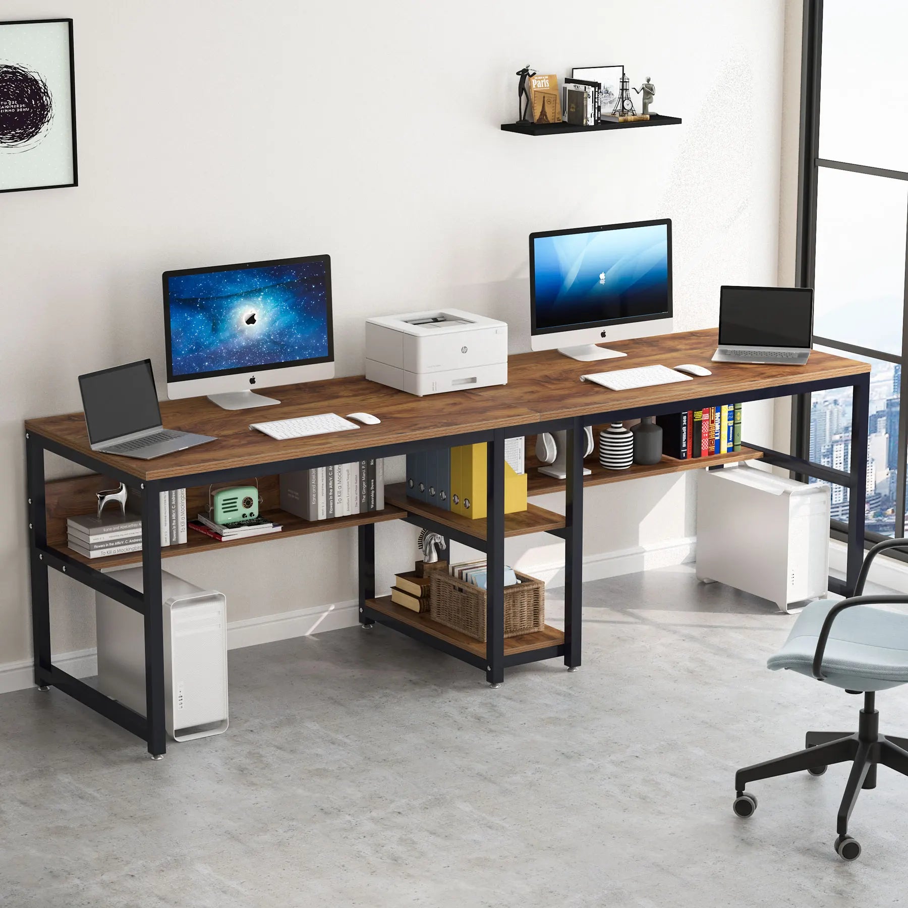 Rustic Two-Person Desk with Bookshelf for Home Office — 78.7in Double Workstation