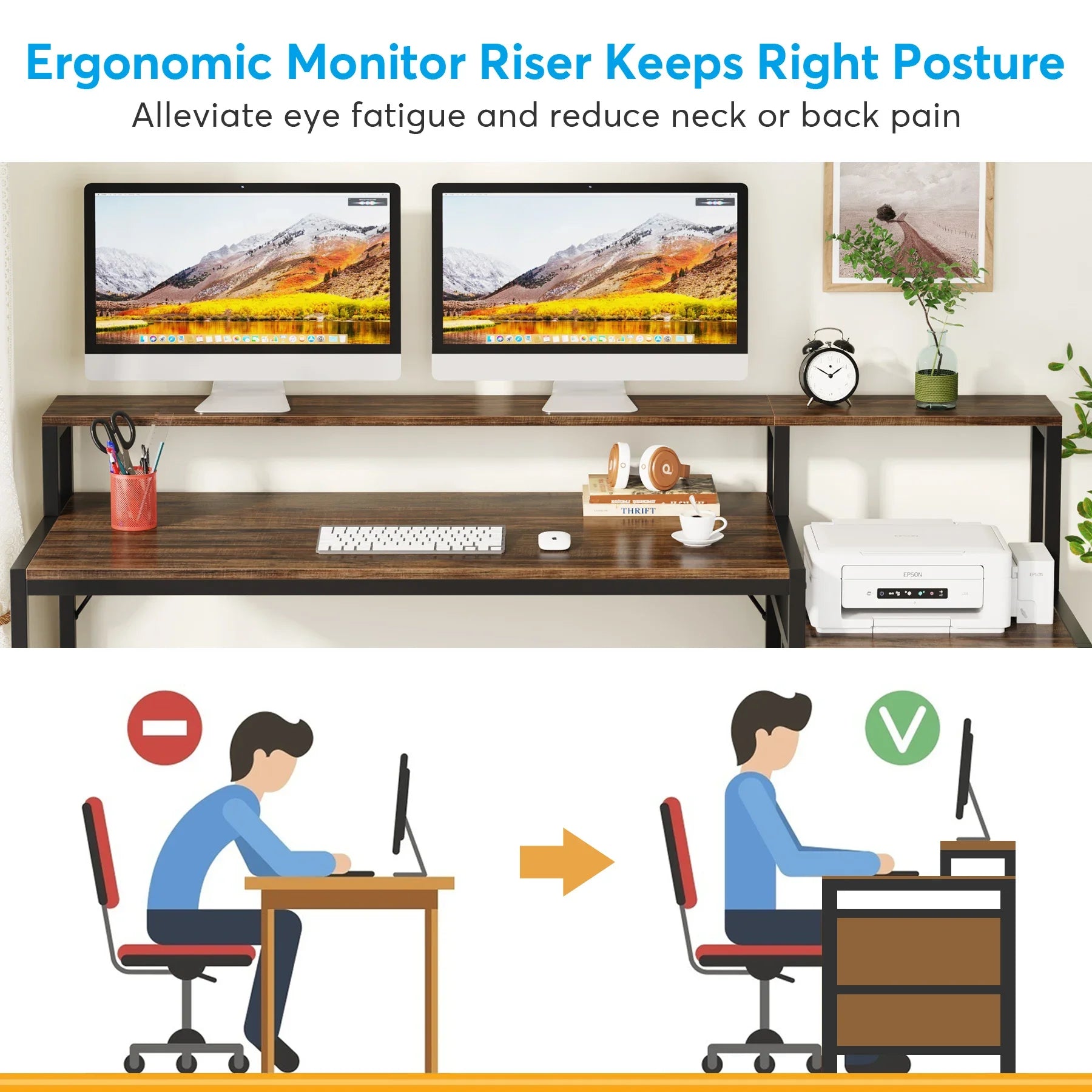 Industrial Computer Desk with File Drawer Cabinet and Monitor Stand for Home Office — 63"