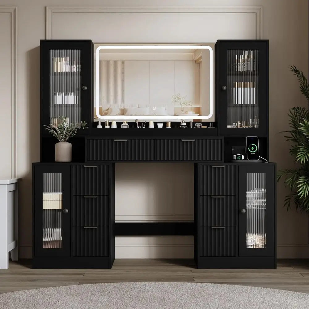LED Makeup Vanity Desk with Mirror & Charging Station — 8 Drawers, Glass Cabinets, Matte Black