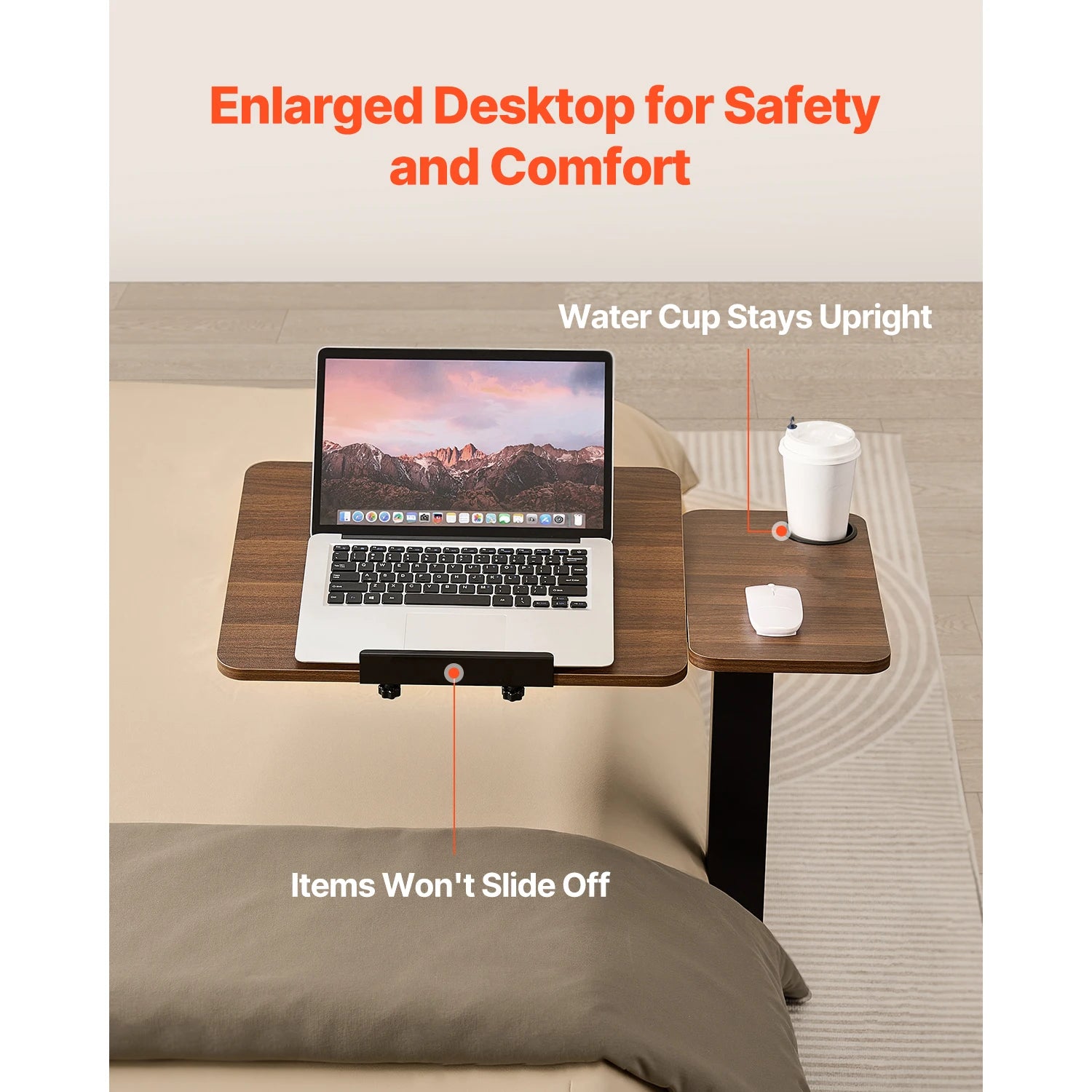 Walnut Mobile Laptop Table with Tilting Top & Casters for Bedside — Height-Adjustable Overbed Desk