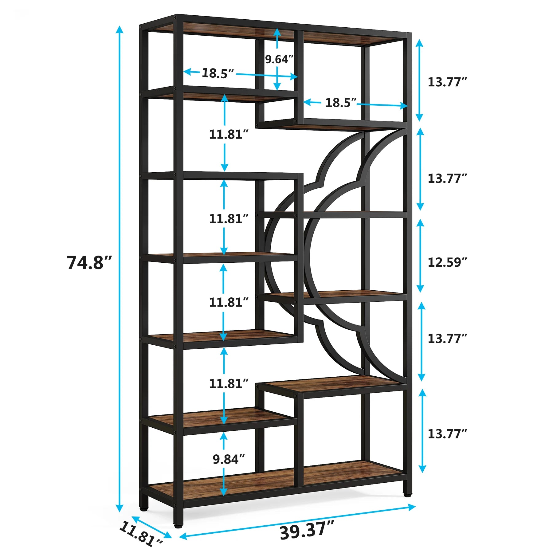 Industrial Etagere Bookcase with Curved Arc for Living Room — 71" Tall Freestanding