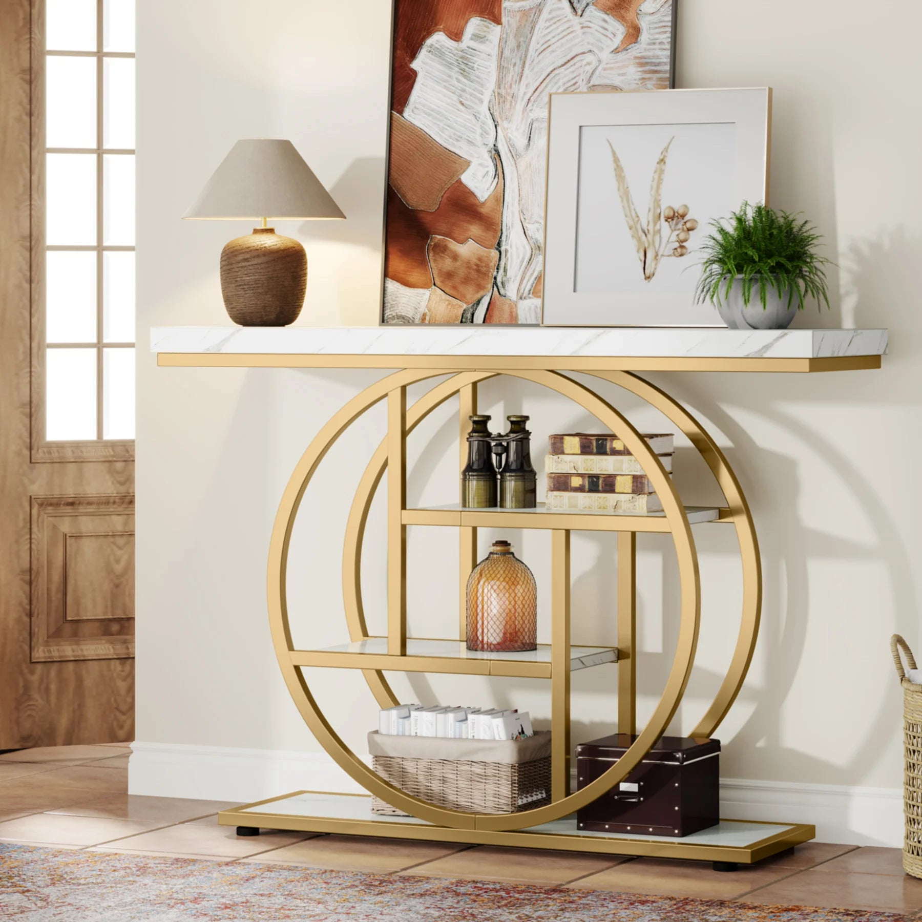 Faux Marble Gold Console Table with Storage Shelves for Entryway — 70" Behind-Sofa