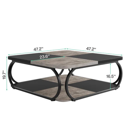 Two-Tone Wood Coffee Table with Storage Shelf for Living Room — 40in Square, Curved Metal Frame