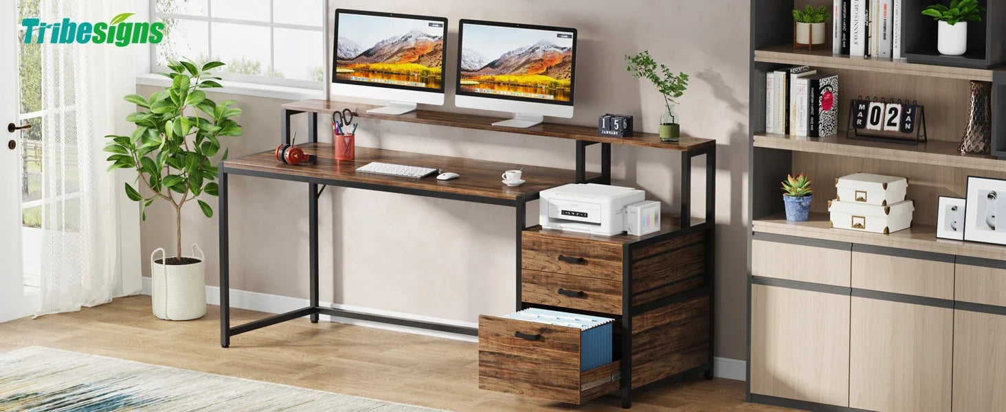 Industrial Computer Desk with File Drawer Cabinet and Monitor Stand for Home Office — 63"