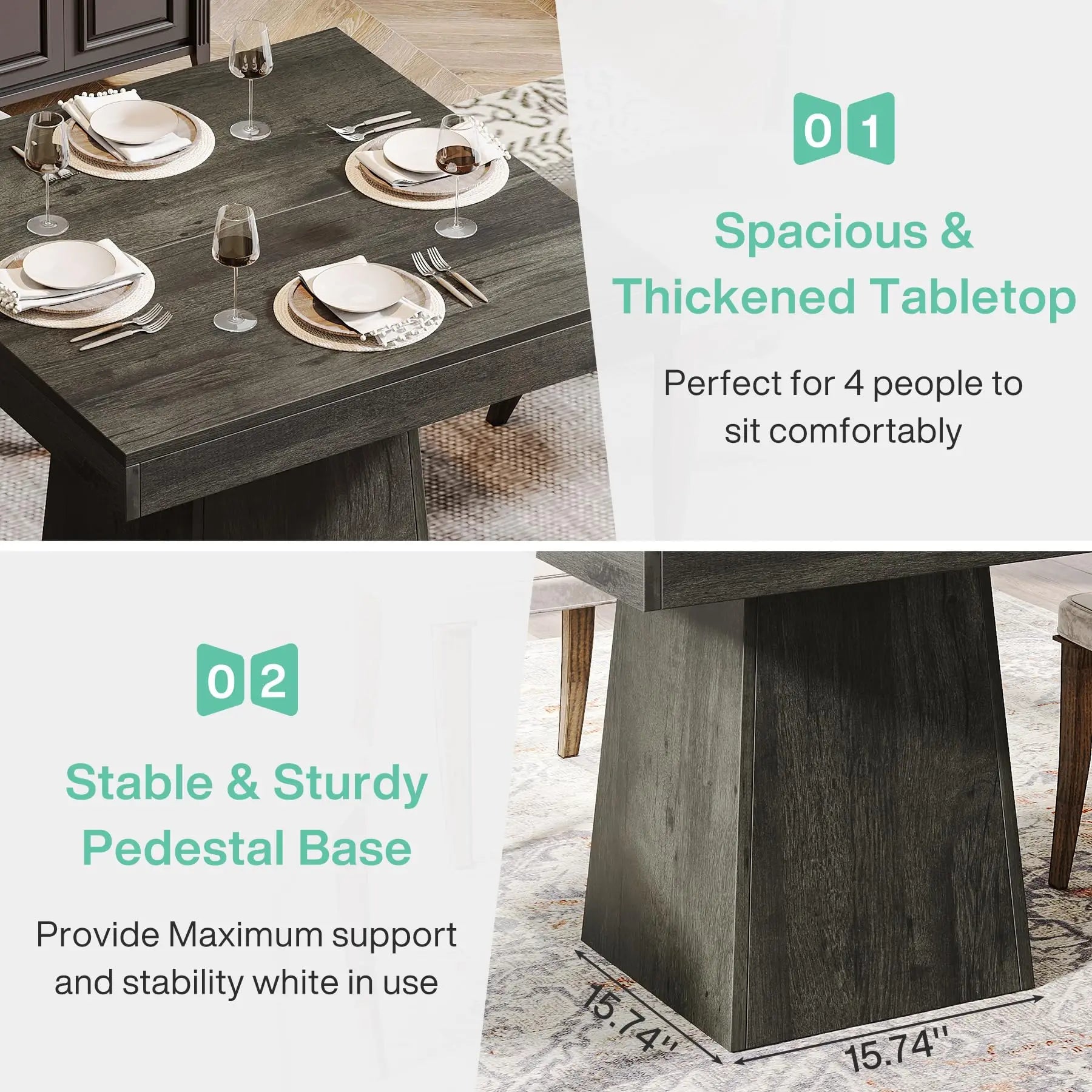 Farmhouse Square Dining Table with Pedestal Base for 4 — 31.5" Charcoal Wood