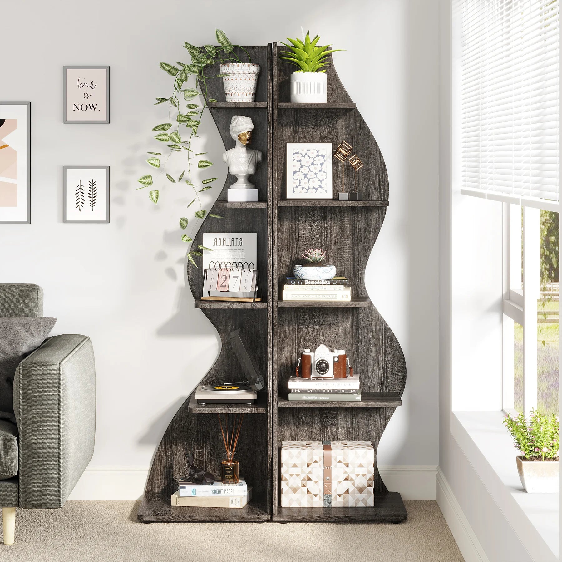 White Wave 5-Tier Corner Bookshelf with Curved Silhouette for Living Room — 65"H Floor Shelf