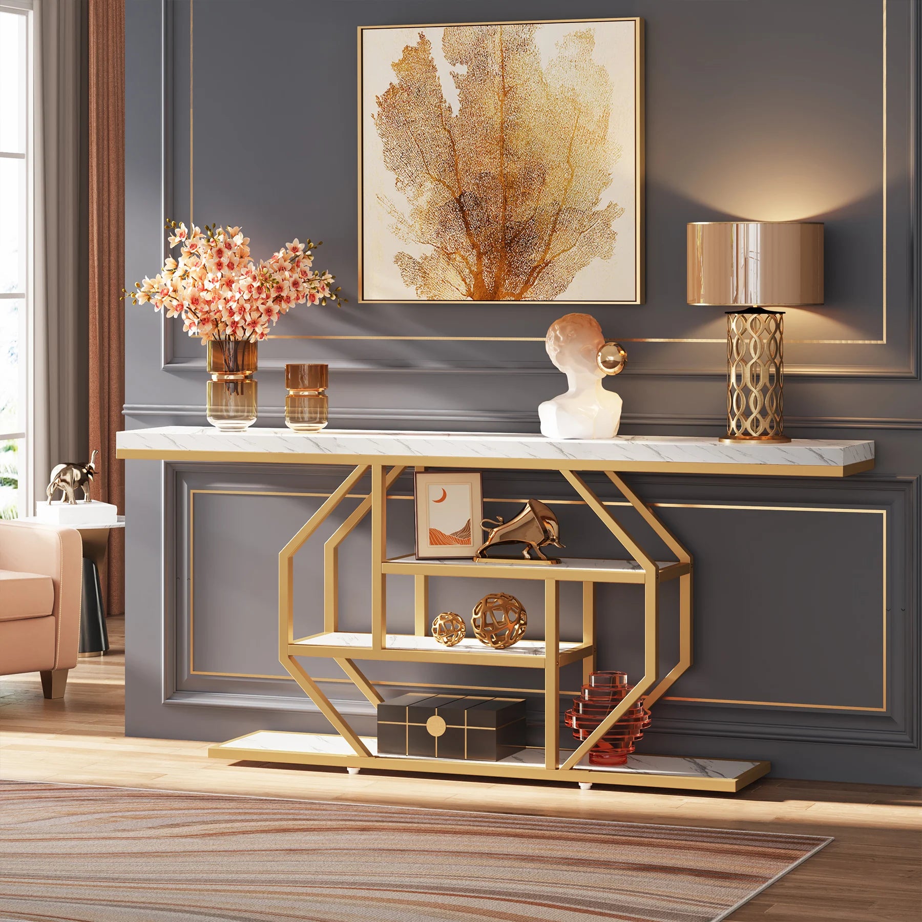 Faux Marble Gold Console Table with Storage Shelves for Entryway — 70" Behind-Sofa