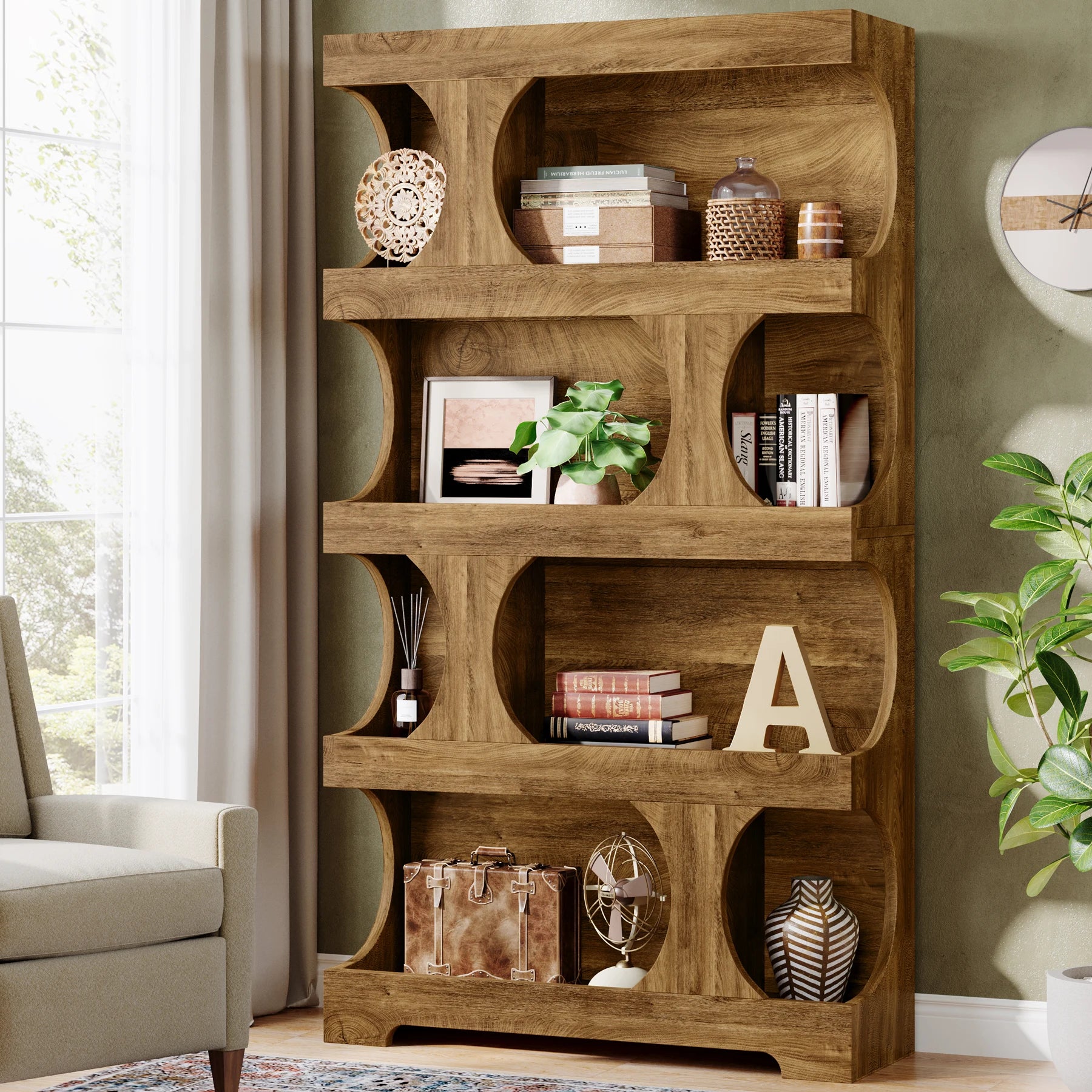 Two-Tone Curved Bookcase with Sculptural Cutout Shelves for Living Room — 71" Tall, 4 Tiers