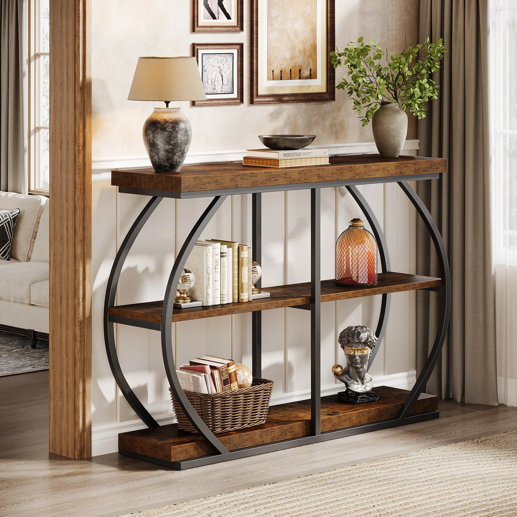 Rustic Industrial Console Table with Arched Metal Frame and 3 Storage Shelves for Entryway — 41 in
