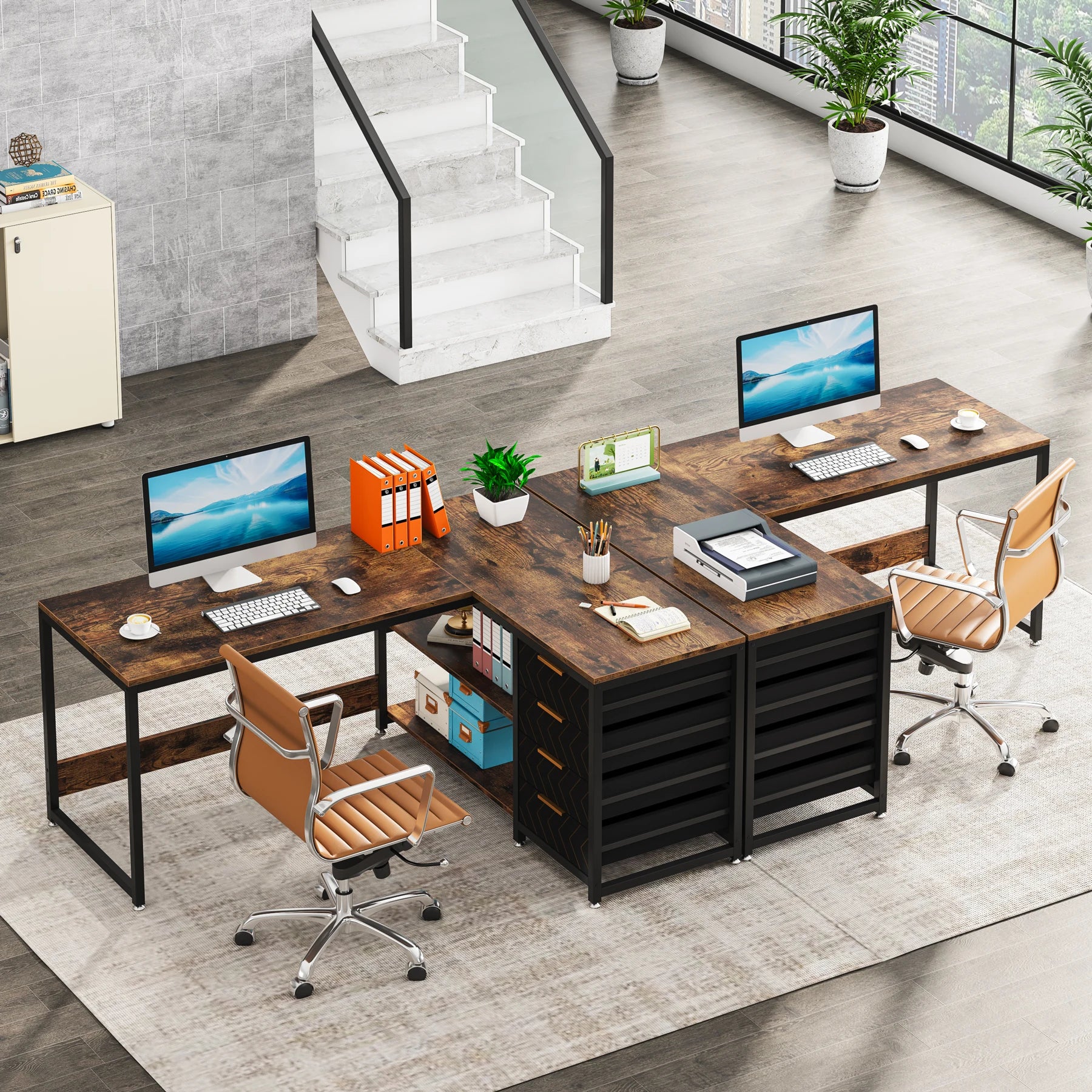 Rustic Wood L-Shaped Desk with Storage Drawers and Shelves for Home Office — 59in Reversible Corner Desk
