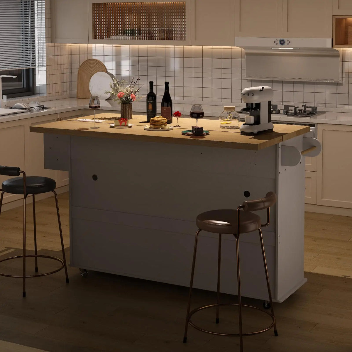 Rolling Kitchen Island, 60" Drop Leaf Cart with Power Outlet
