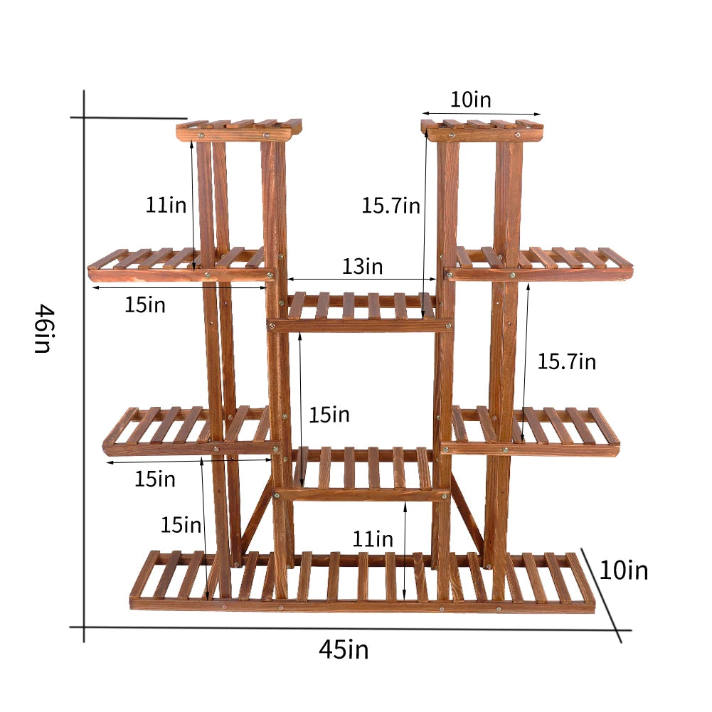Carbonized Wood Plant Stand with Multi-Tier Slatted Shelves for Living Room — Holds 9+ Pots