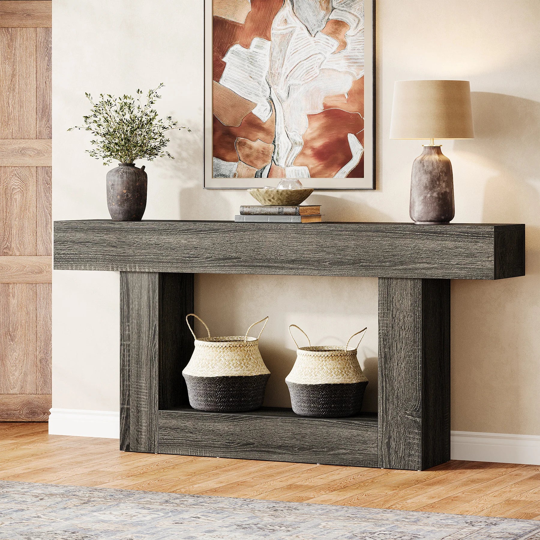 Two-Tone Farmhouse Console Table with Lower Shelf for Entryway — 63"
