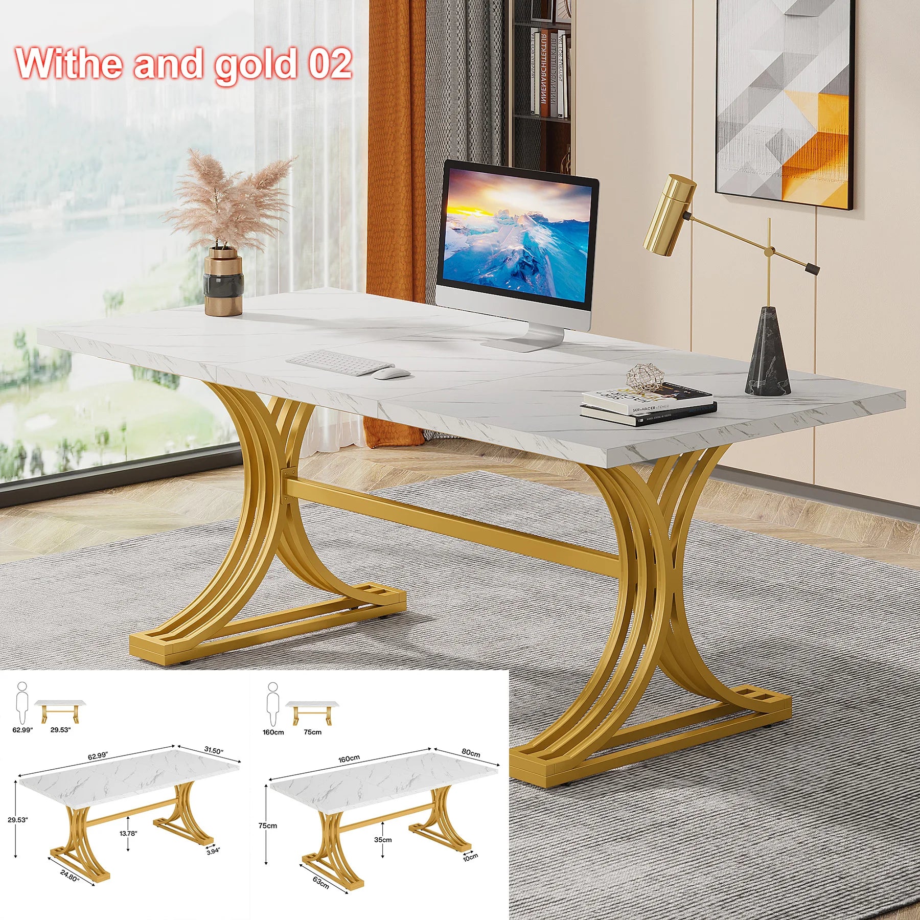 White Executive Desk with Gold Metal Legs for Home Office — 70.9"