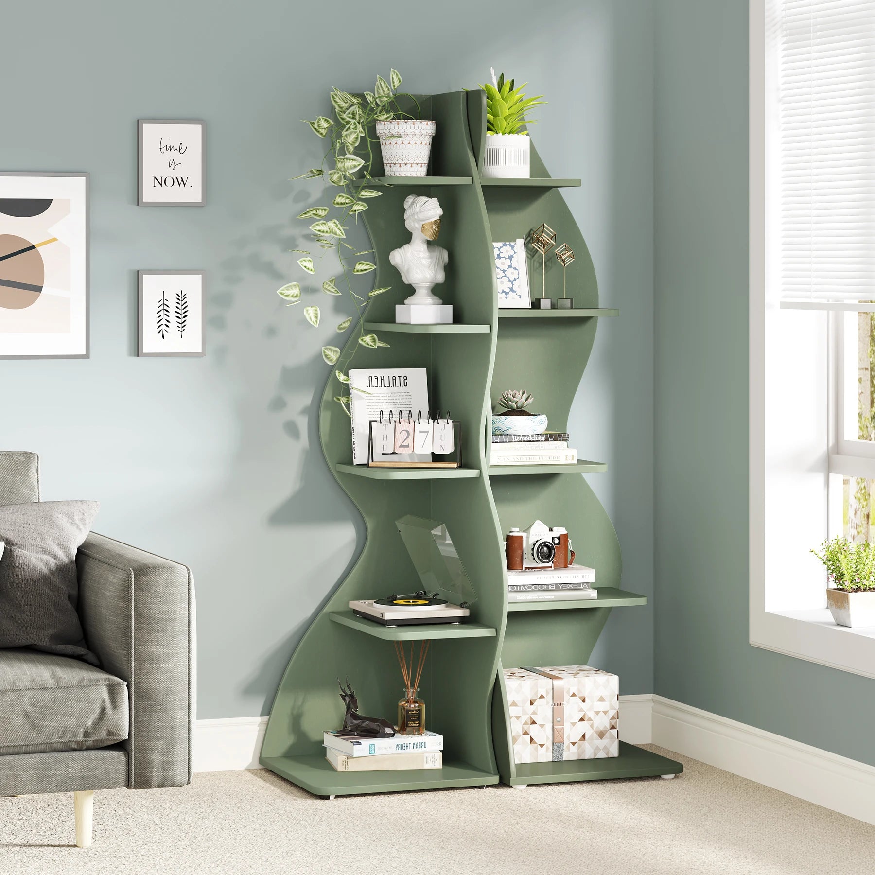 White Wave 5-Tier Corner Bookshelf with Curved Silhouette for Living Room — 65"H Floor Shelf