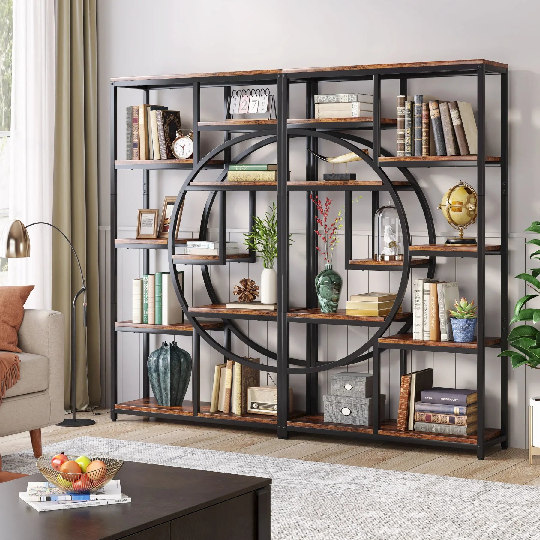 Industrial Etagere Bookcase with Curved Arc for Living Room — 71" Tall Freestanding