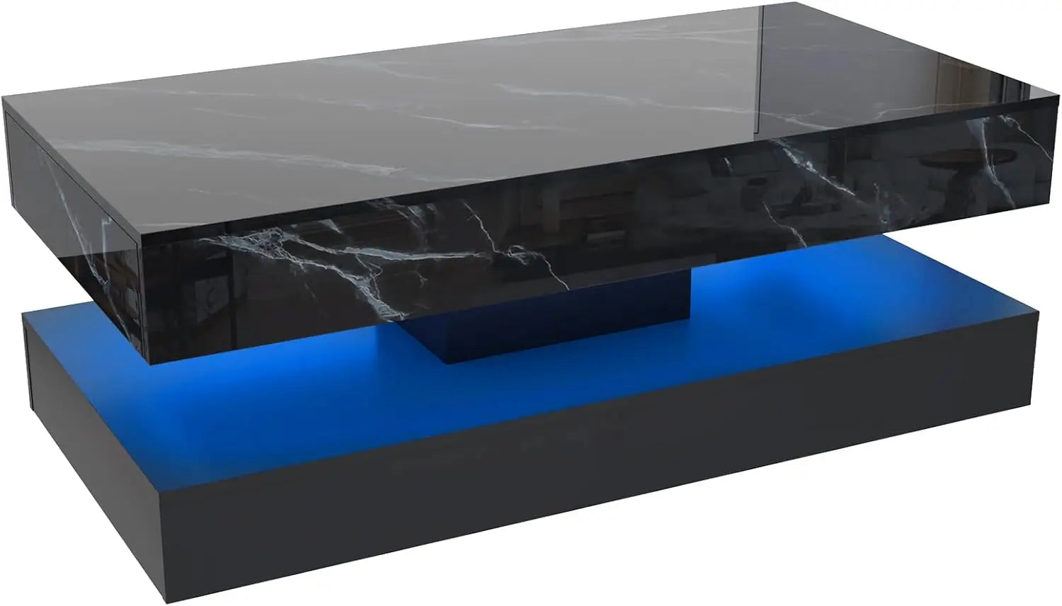 LED Coffee Table with Storage — Modern Faux Marble Coffee Table with Drawers for Living Room